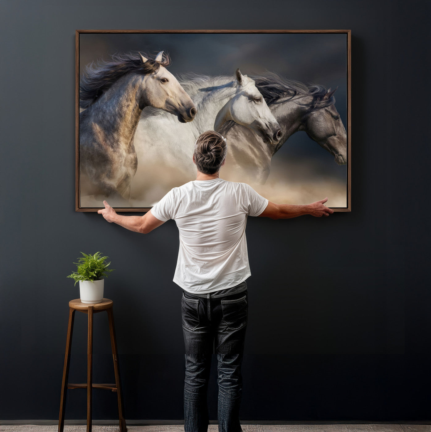 85088910-MGV-CV-36X24 - Three Wild Horses Galloping in Dust Storm Wall Art Canvas Print | Powerful Wildlife Fine Art