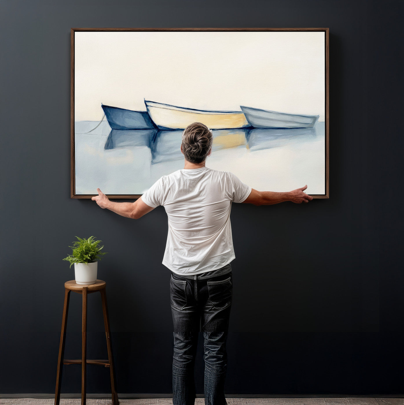 84017361-MGV-CV-36X24 - Abstract Three Boats Reflecting on Water Wall Art Canvas Print - Minimalist Coastal Seascape