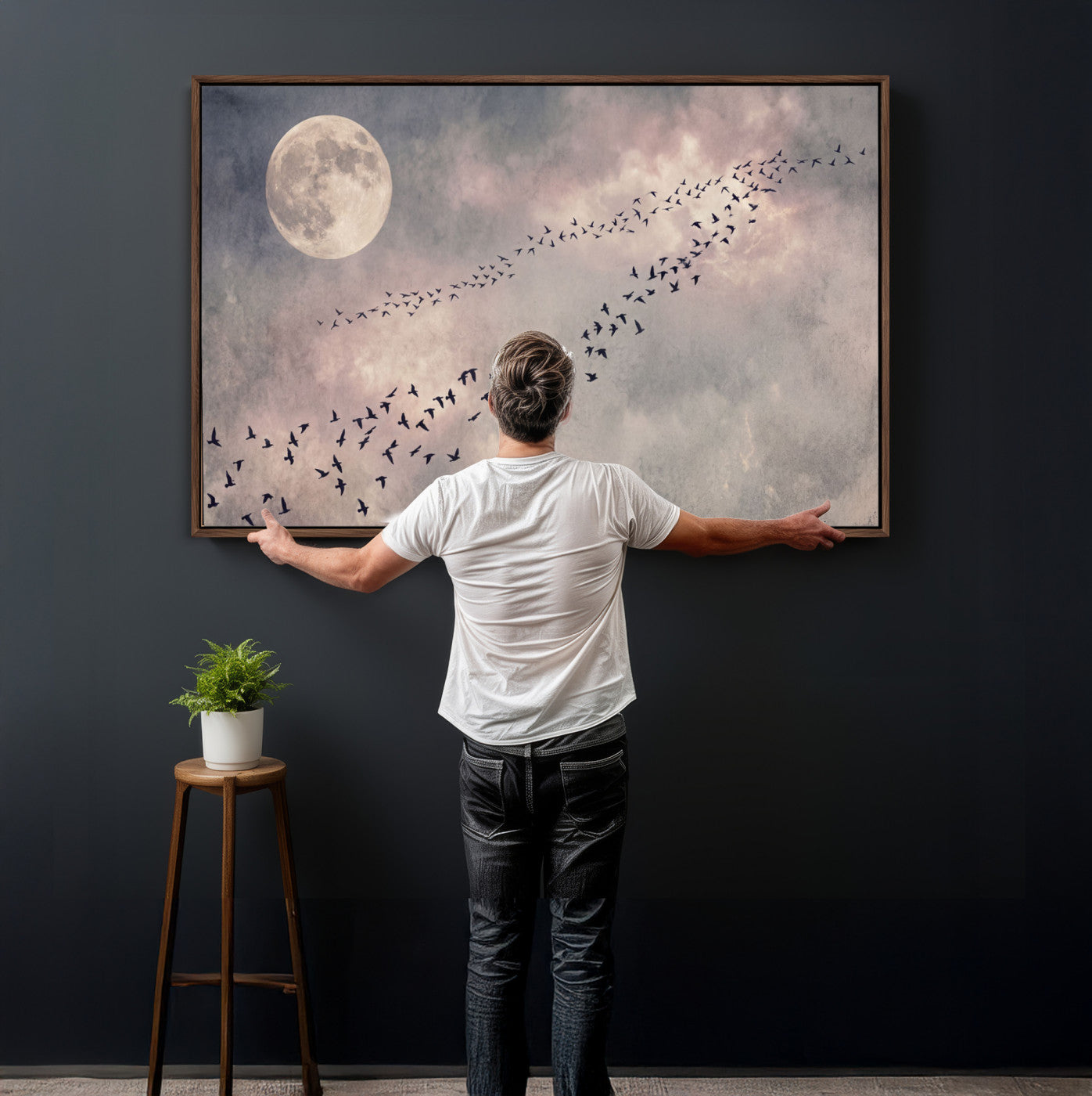 52339590-MGV-CV-36X24 - Birds Flying to Moon Wall Art Canvas Print - Vintage Surreal Night Sky Sky Print