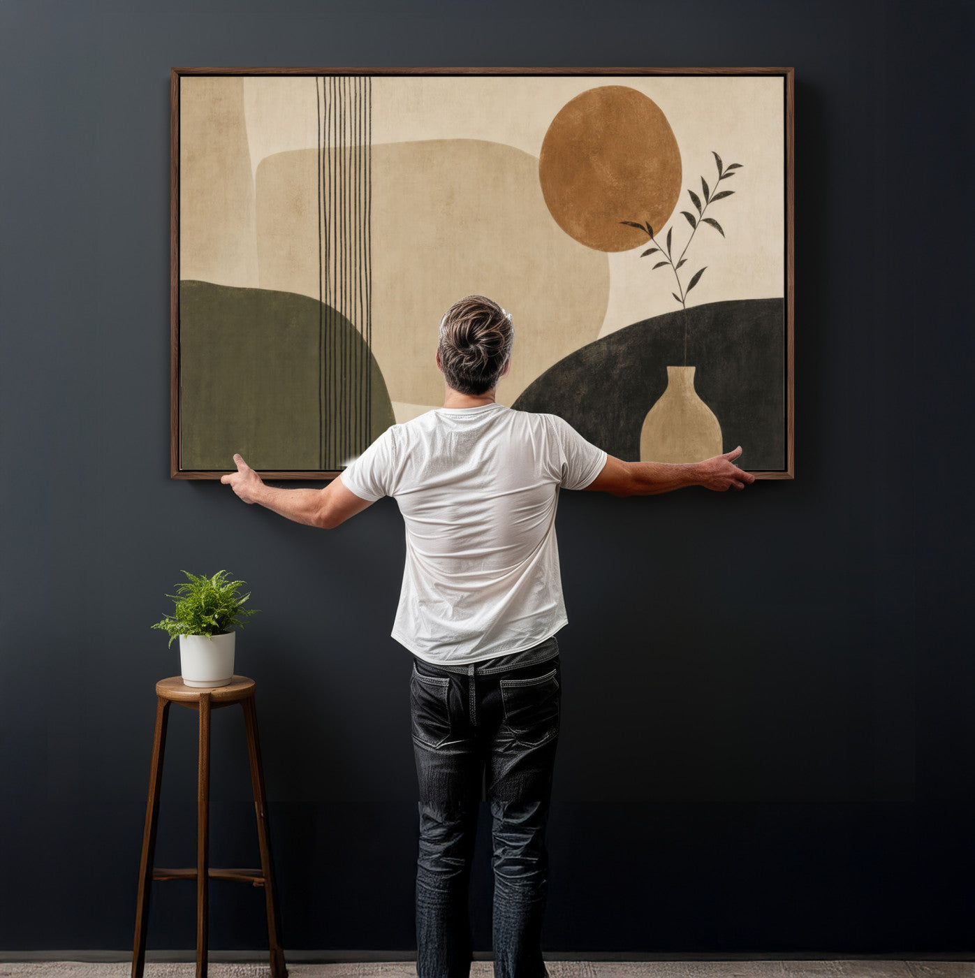 29113684-MGV-CV-36X24 - Japandi Minimalist Abstract Wall Art Canvas Print, Sage Green and Terracotta Sun Botanical Painting Print
