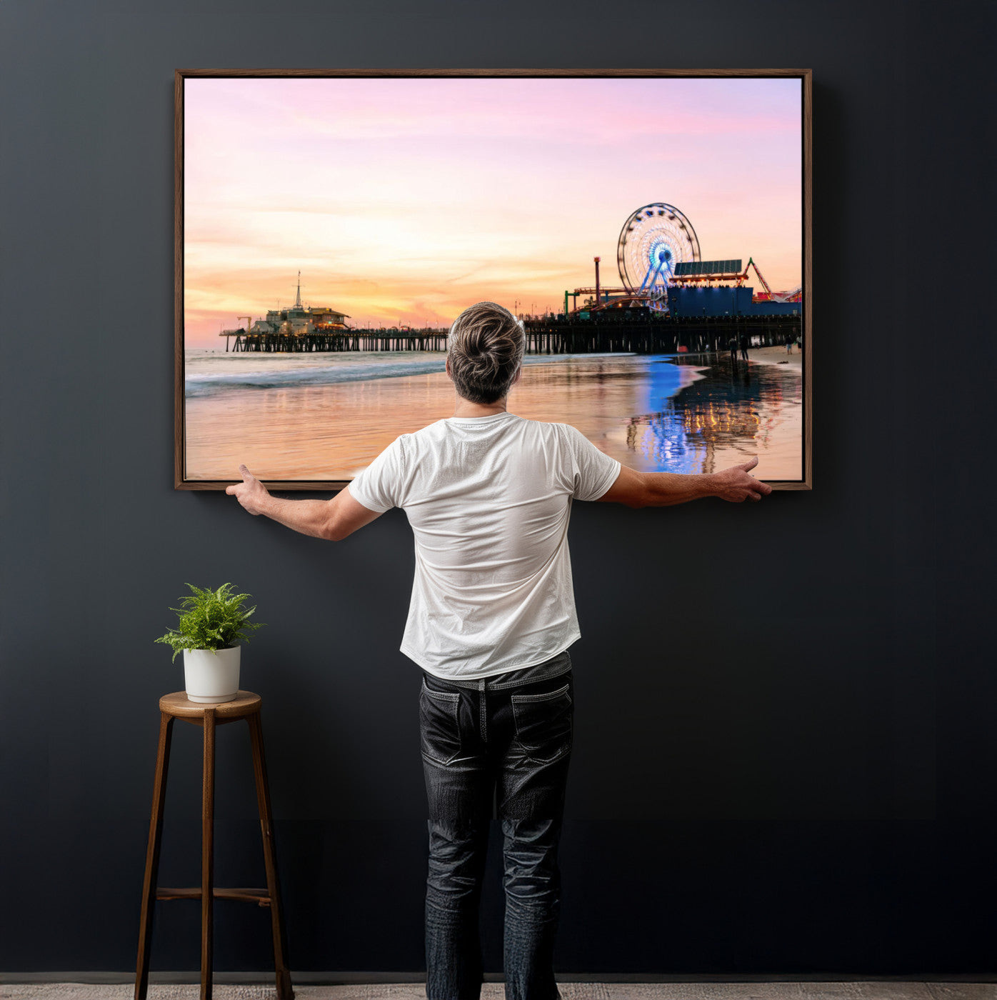 27381272-MGV-CV-36X24 - Santa Monica Pier Sunset Beach Wall Art Canvas Print, California Ferris Wheel Photo Print