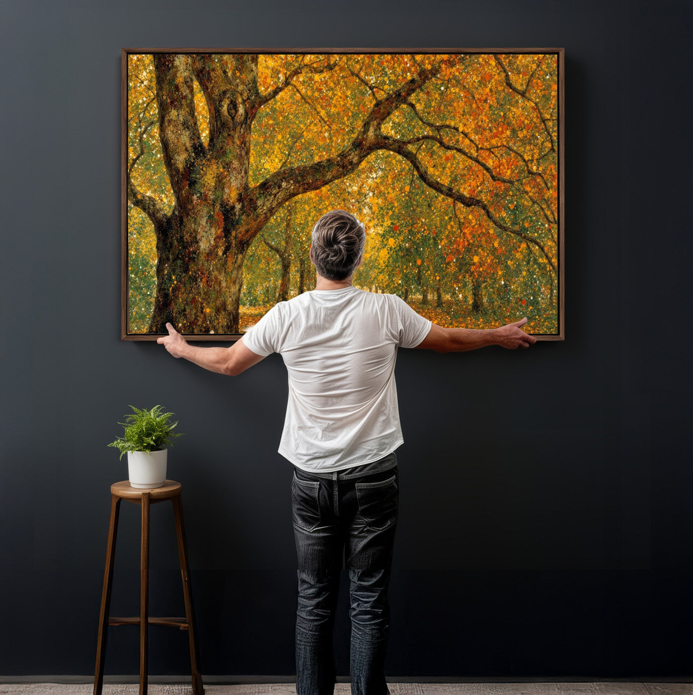 11536138-MGV-CV-36X24 - Vintage Autumn Forest Path Wall Art Canvas Print, Golden Leaves Impressionist Painting Print