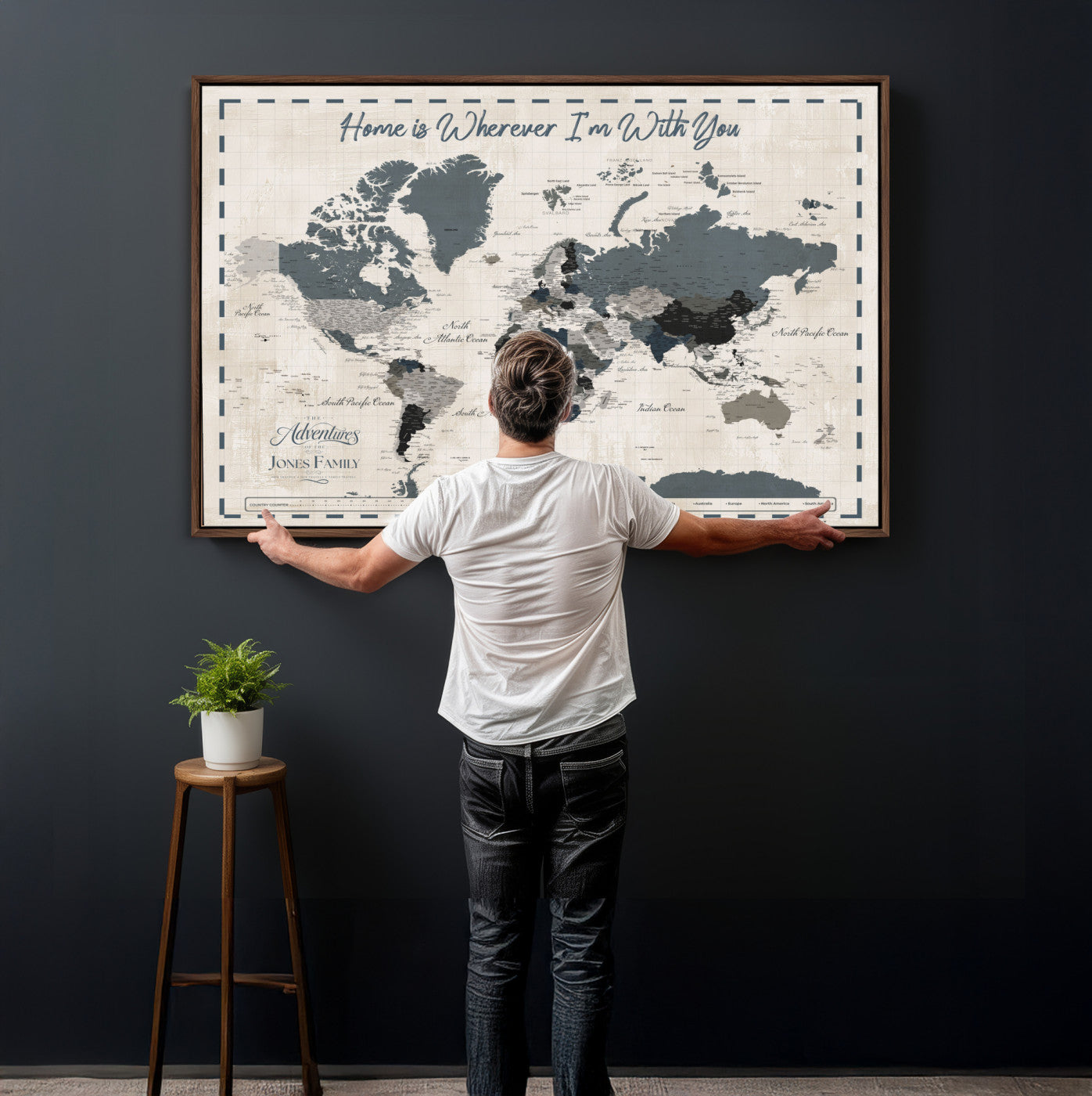 400867164-MGV-CV-36X24 - Framed Blue Custom Push Pin World Map Canvas Print – Personalized Travel Map Wall Art