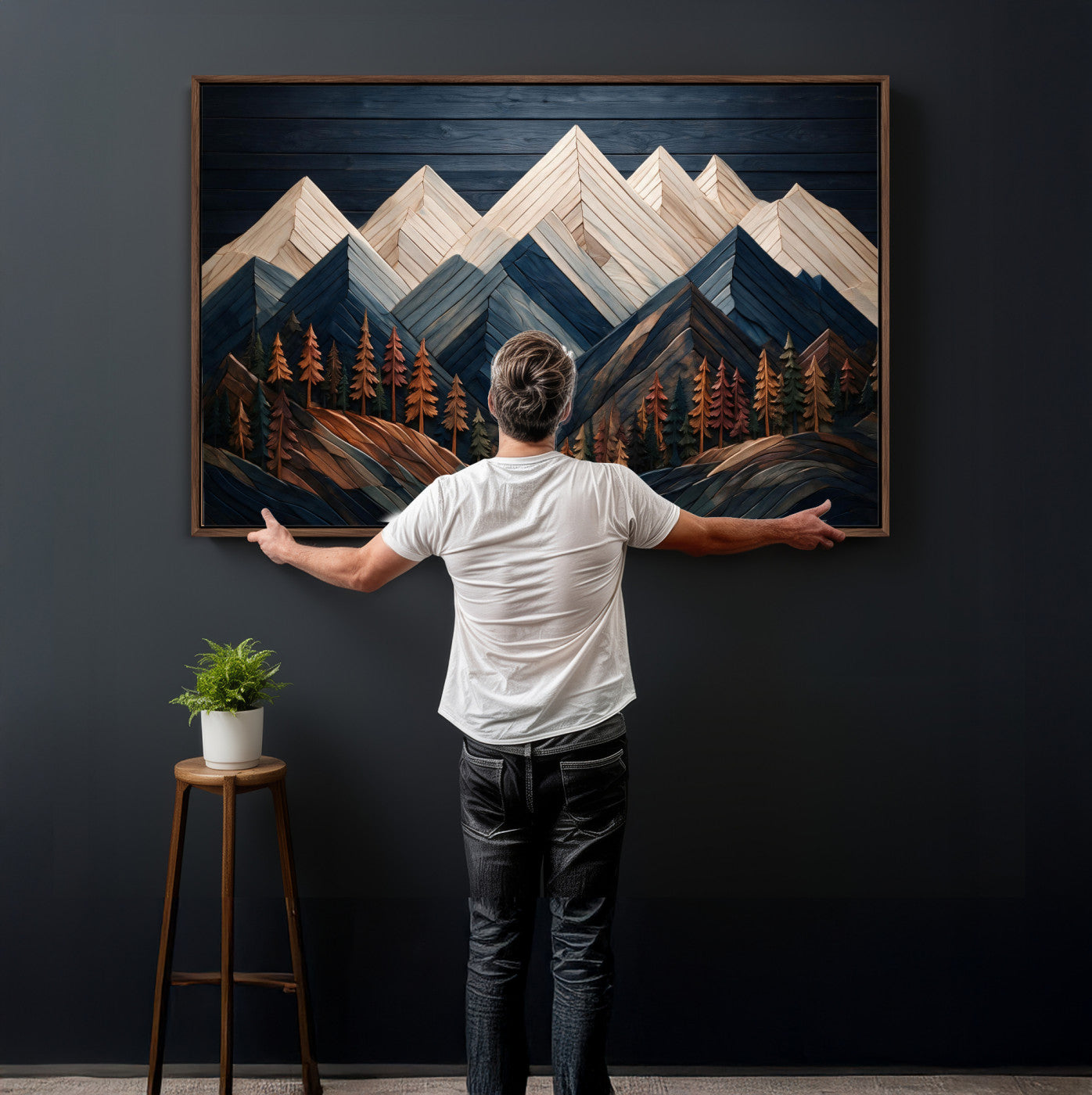 87765072-MGV-CV-36X24 - Geometric Wood Mountain Wall Art Canvas Print, 3D Look Rustic Mosaic Landscape Print