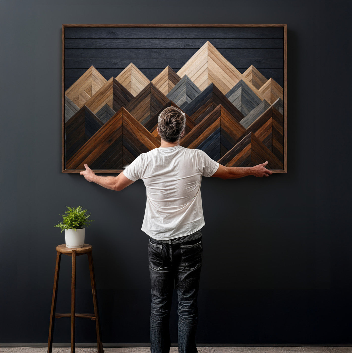 70531117-MGV-CV-36X24 - Geometric Wood Mountain Wall Art Canvas Print, 3D Look Rustic Mosaic Landscape Print
