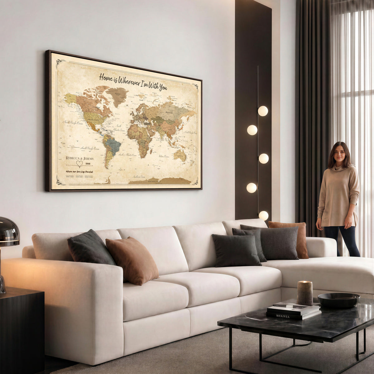 40086165SP-MGV-CV-36X24 - Custom Push Pin Travel Map Canvas Print, Cream Personalized Travel Tracker Map, Anniversary Gift, Vintage World Map Wall Art