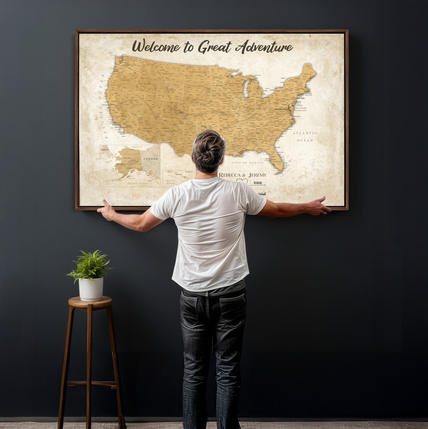 81437082-MGV-CV-36X24 - Custom Push Pin Travel USA Map Canvas Print, Cream Personalized Travel Tracker America Map, Anniversary Traveler Gift