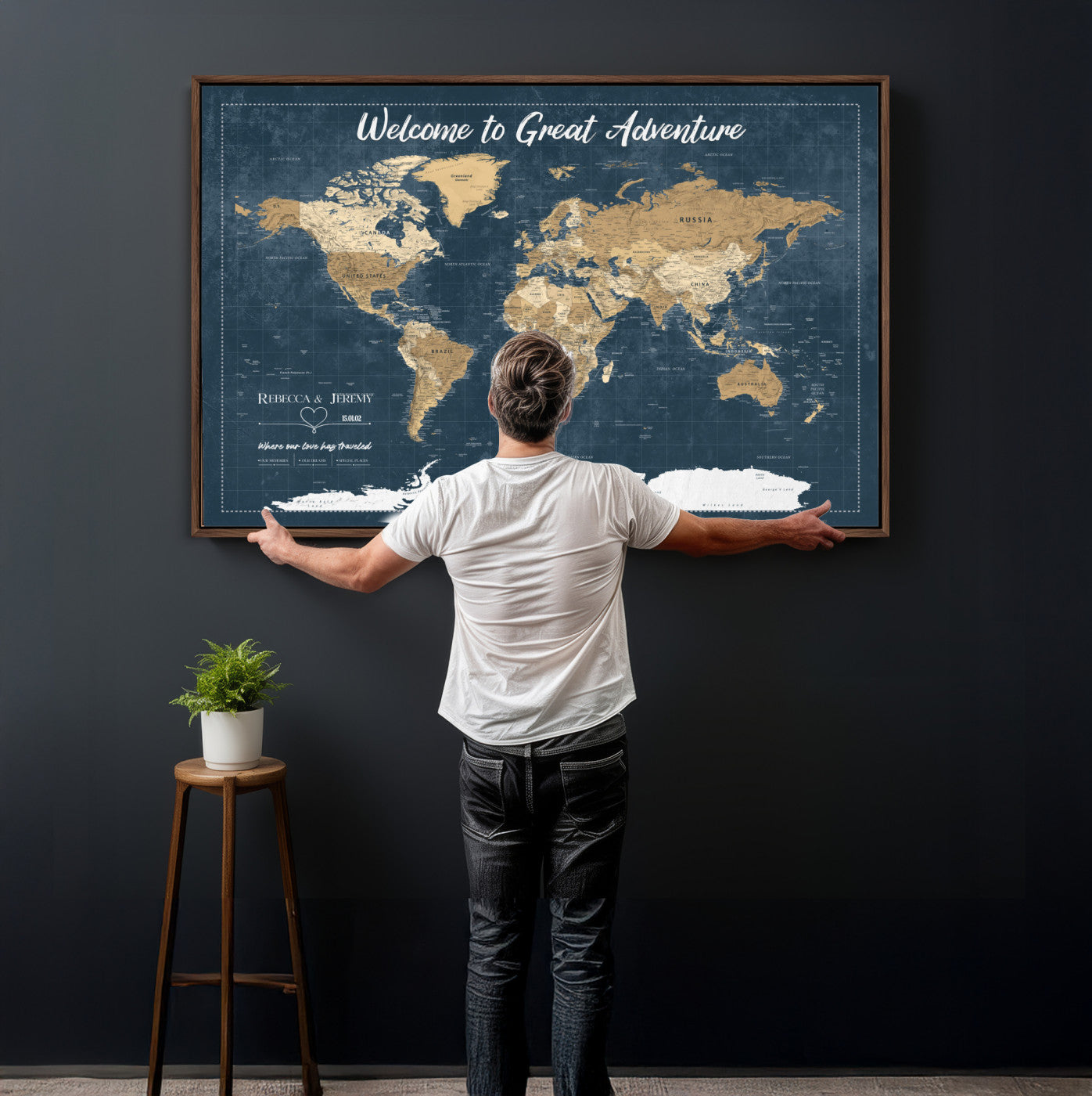 57167164-MGV-CV-36X24 - Custom Push Pin Travel Map Canvas Print, Cream Personalized Travel Tracker Map, Anniversary Gift, Vintage World Map Wall Art