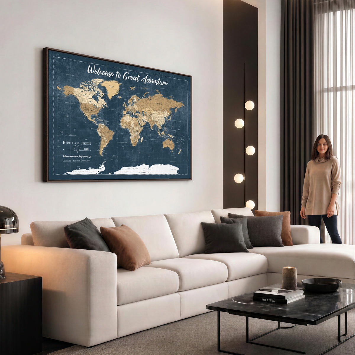 57167164-MGV-CV-36X24 - Custom Push Pin Travel Map Canvas Print, Cream Personalized Travel Tracker Map, Anniversary Gift, Vintage World Map Wall Art