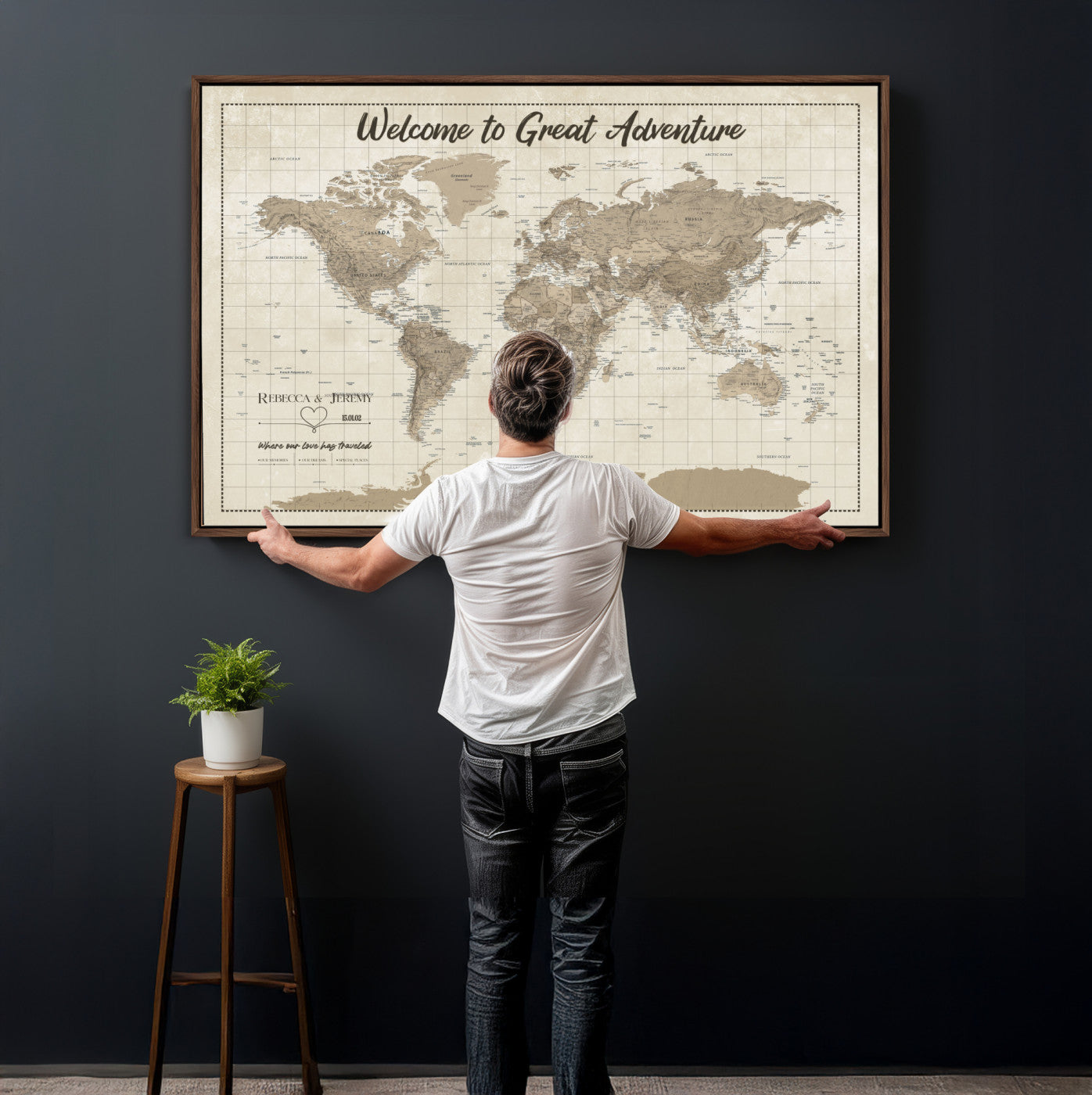 51180020-MGV-CV-36X24 - Custom Push Pin Travel Map Canvas Print, Cream Personalized Travel Tracker Map, Anniversary Gift, Vintage World Map Wall Art