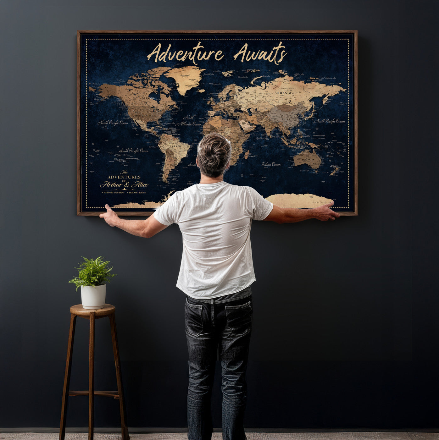 57167164-MGV-CV-36X24 - Custom Push Pin Travel Map Canvas Print, Navy Blue Personalized Travel Tracker Map, Anniversary Gift, Vintage World Map Wall Art