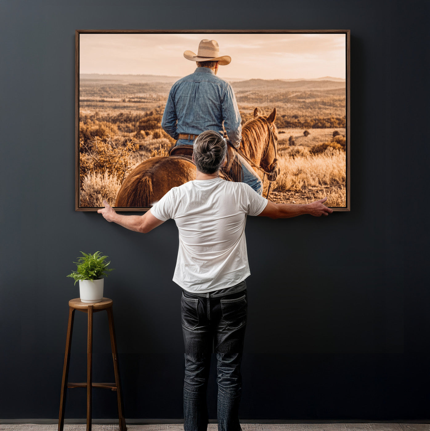 62076449-MGV-CV-36X24 - Texas Cowboy and Horse Print for Western Wall Art Decor for Farmhouse