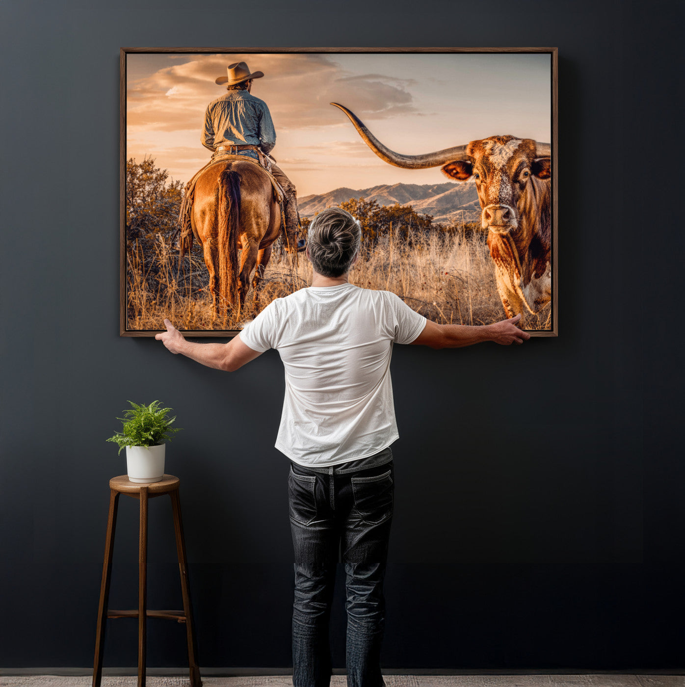 62076449C-MGV-CV-36X24 - Texas Cowboy and Longhorn Bull Print for Western Wall Art Decor for Farmhouse