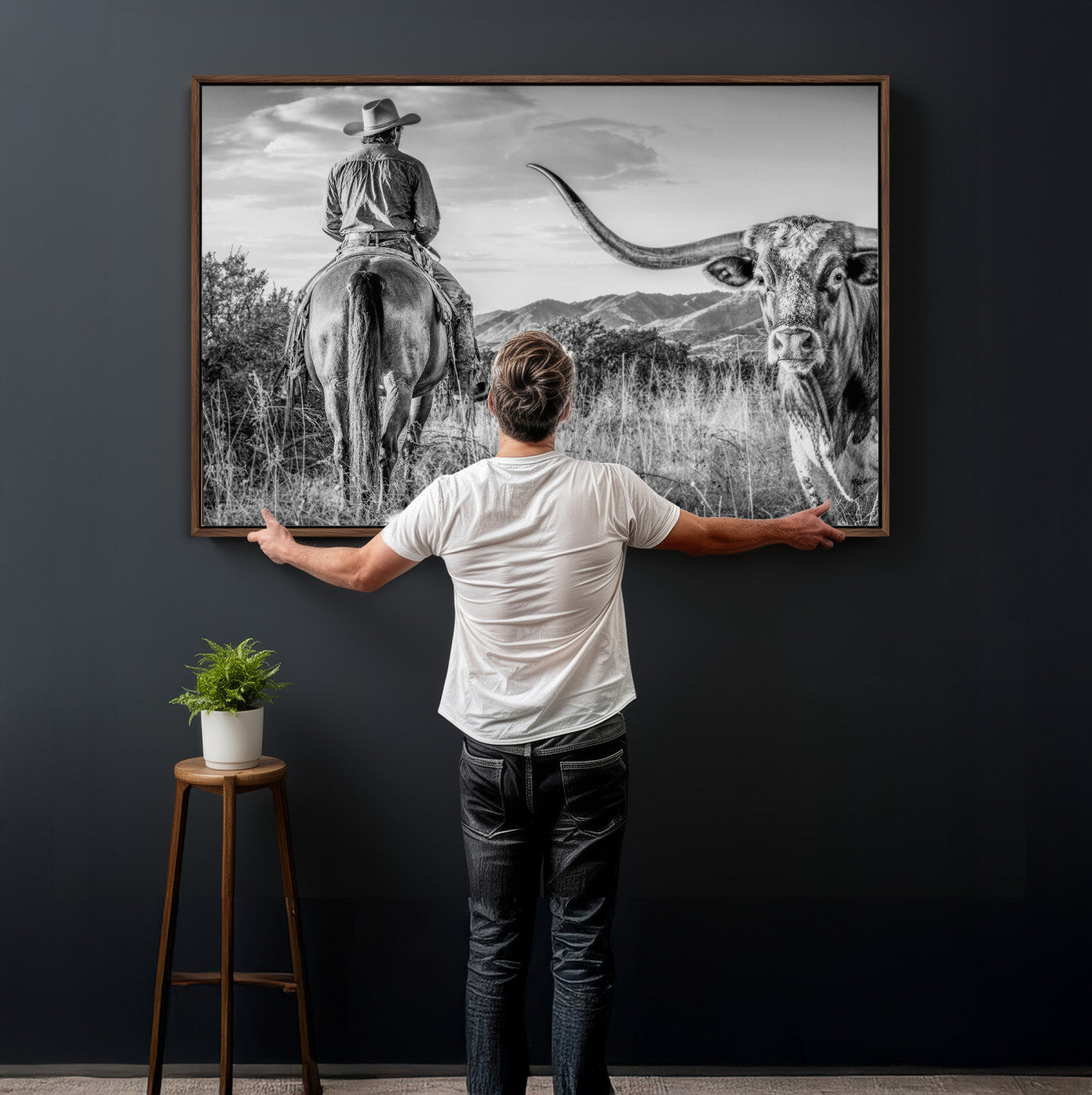 62076449WB-MGV-CV-36X24 - Texas Cowboy and Longhorn Bull Print for Western Wall Art Decor for Farmhouse