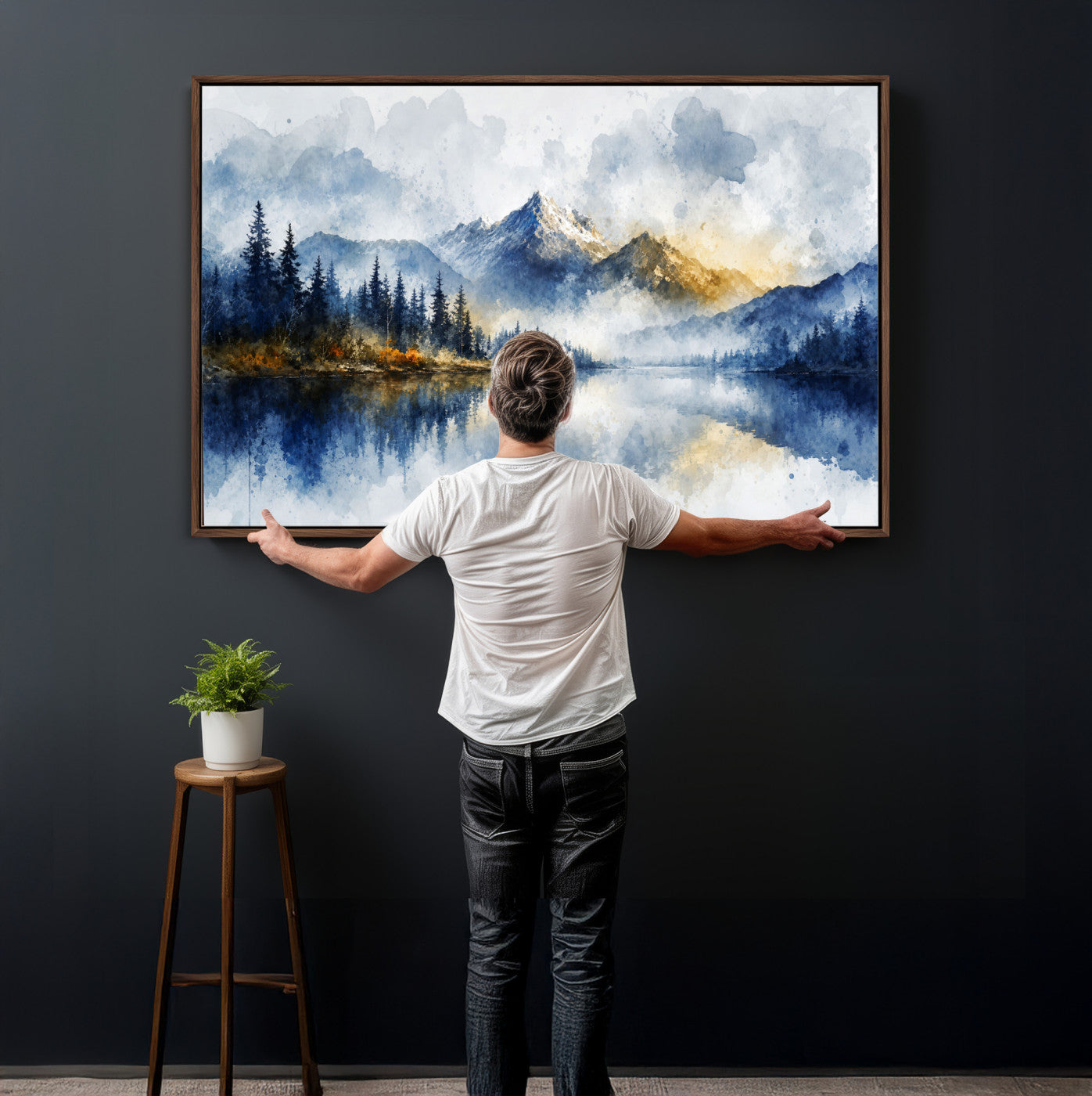 62076449DG-MGV-CV-36X24 - Abstract Watercolor Mountain Lake Wall Art Print for Living Room Decor