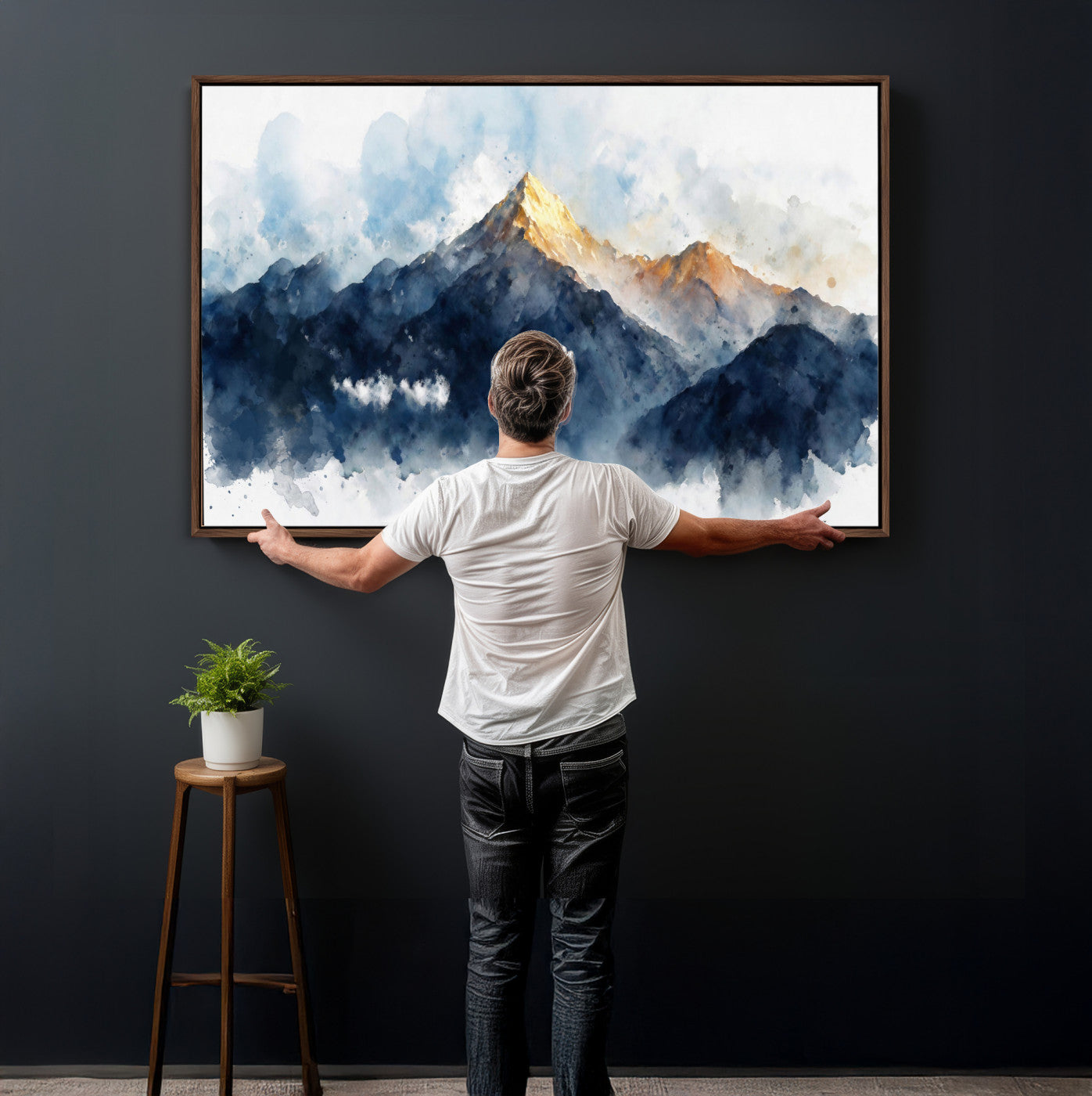 62076449DG1-MGV-CV-36X24 - Abstract Watercolor Mountain Lake Wall Art Print for Living Room Decor