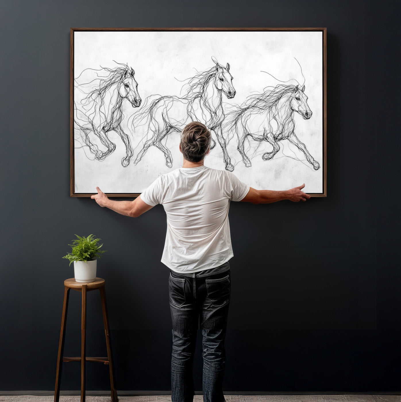 53600119-MGV-CV-36X24 - Monochrome Horse Canvas Wall Art, Black Ink Sketch Wild Horses Print, Minimalist Equestrian Artwork, Modern Abstract Line Decor, Urban Loft Gift