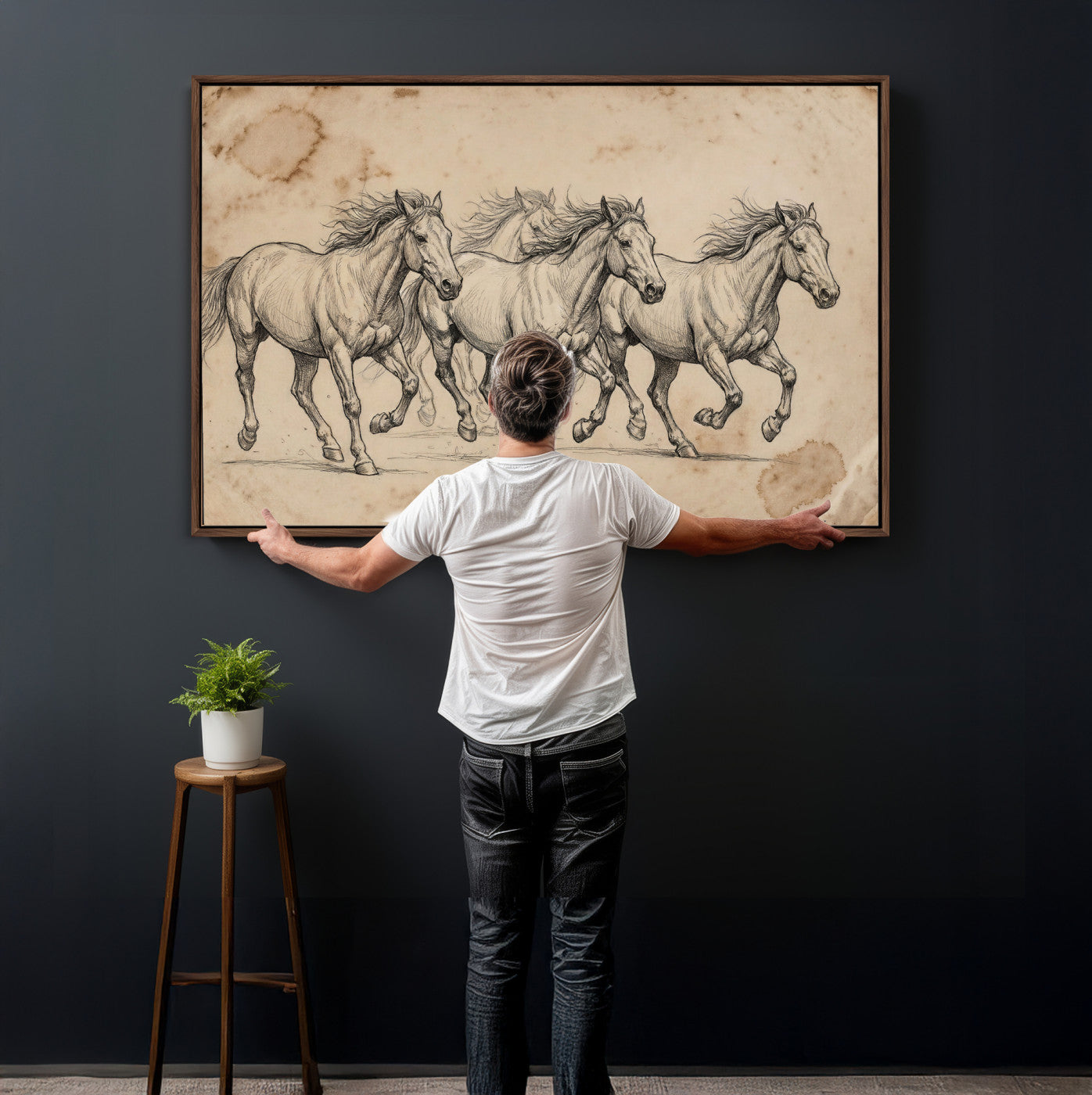 56046981-MGV-CV-36X24 - Sepia Wild Horses Canvas Art, Antique Pencil Drawing Print, Vintage Gallery Wall Decor, Rustic Equestrian Artwork, Traditional Den Gift