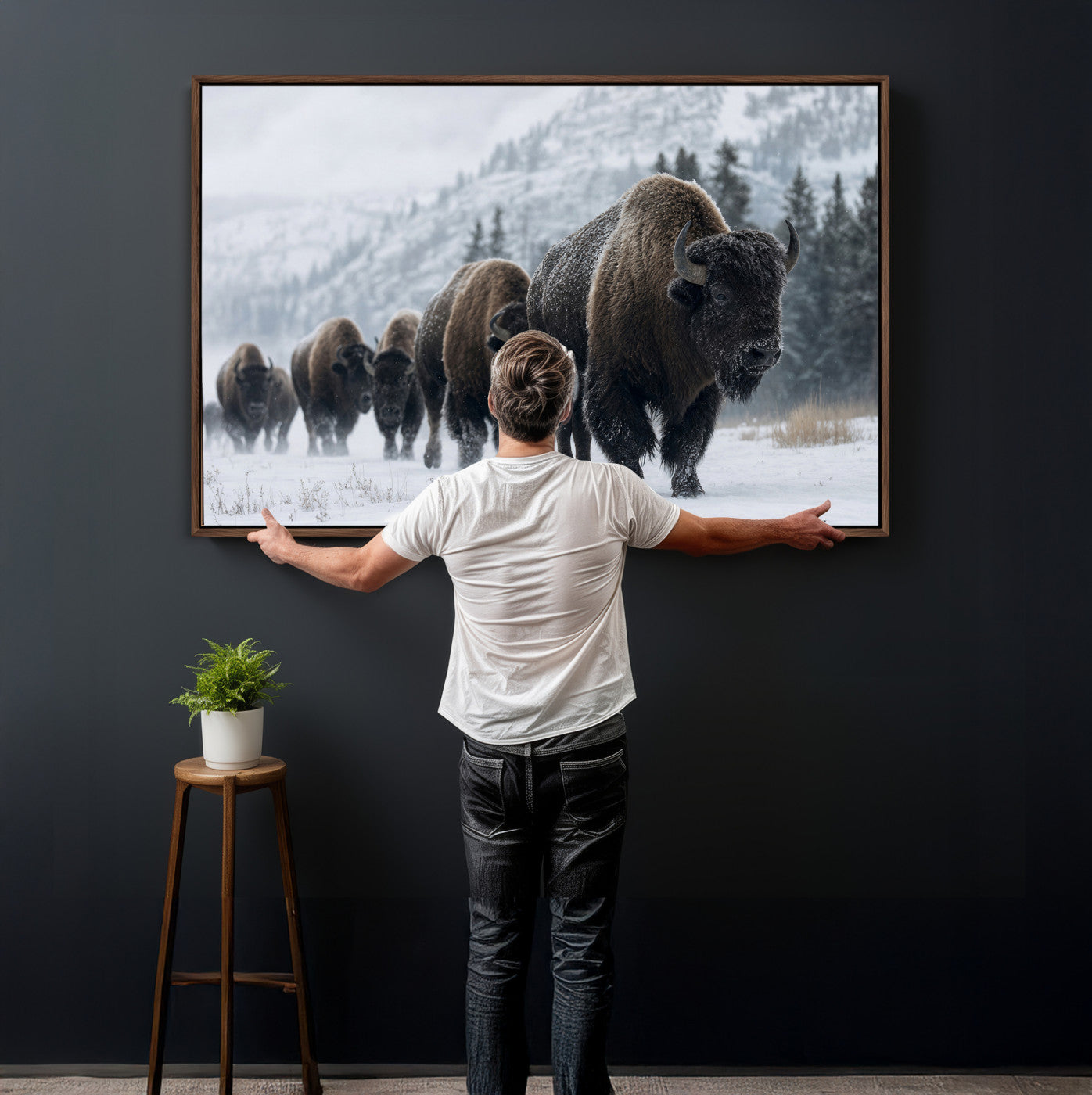 18343289-MGV-CV-36X24 - Rustic Bison Wall Art, American Buffalo Photo Print, Wildlife Canvas Artwork, Snowy Mountain Decor, Large Nature Poster, Cabin Gift Idea