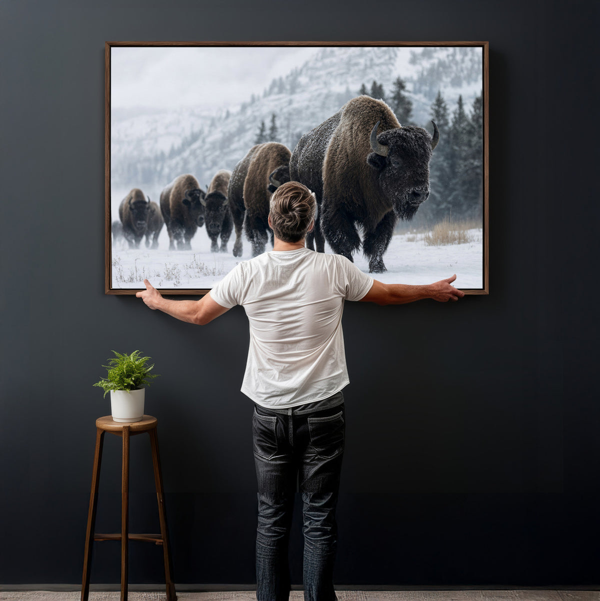 18343289-MGV-CV-36X24 - Rustic Bison Wall Art, American Buffalo Photo Print, Wildlife Canvas Artwork, Snowy Mountain Decor, Large Nature Poster, Cabin Gift Idea