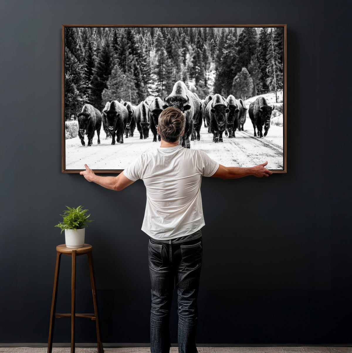 79337077-MGV-CV-36X24 - Black and White Bison Canvas Art, American Buffalo Print, Winter Wildlife Photography, Rustic Forest Wall Decor, Large Statement Nature Gift