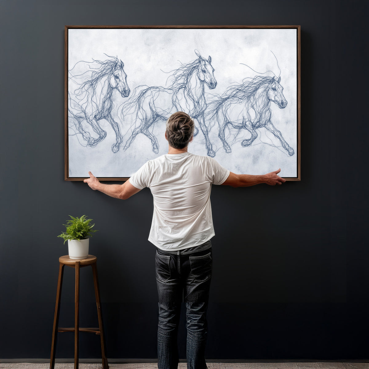 41163601-MGV-CV-36X24 - Indigo Blue Horse Line Art Canvas, Steel Grey Wild Horses Print, Abstract Navy Scribble Artwork, Modern Slate Equine Wall Decor, Coastal Ranch Gift