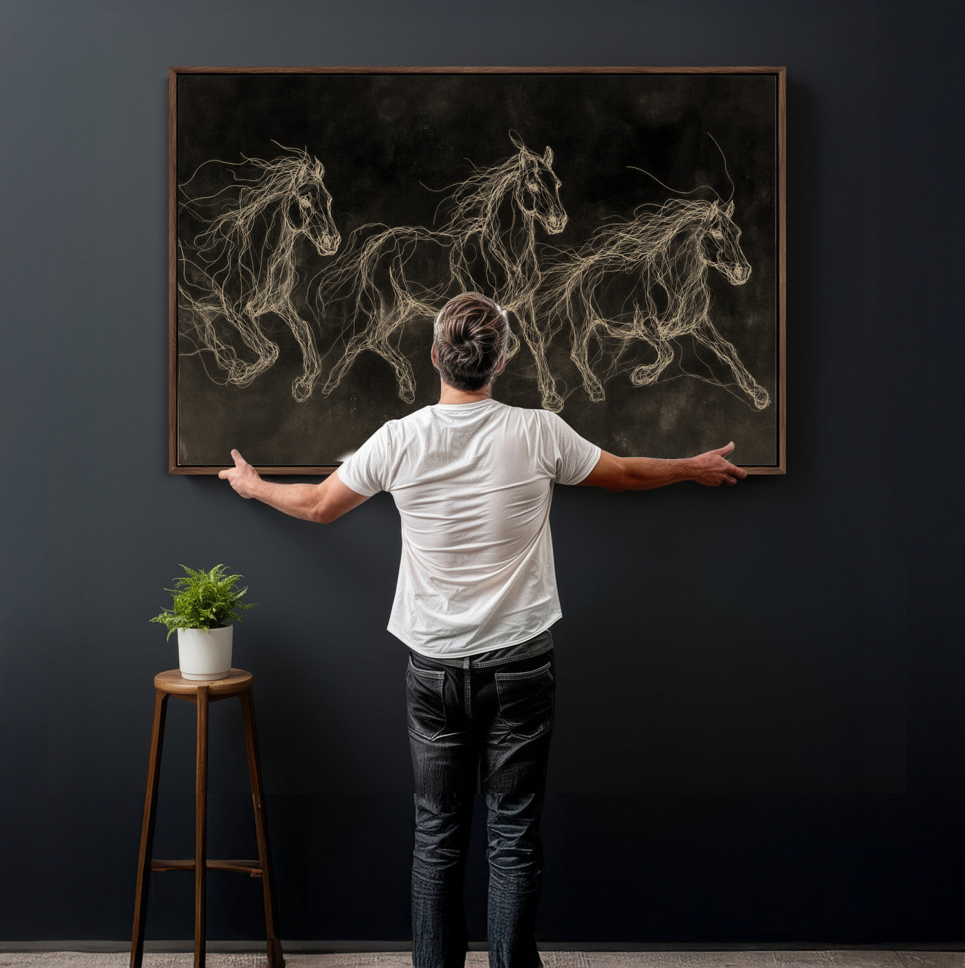 15344242-MGV-CV-36X24 - Dark Horse Line Art Canvas, Gold Scribble Wild Horses Print, Black Chalkboard Wall Art, Modern Luxury Equine Decor, Masculine Office Gift