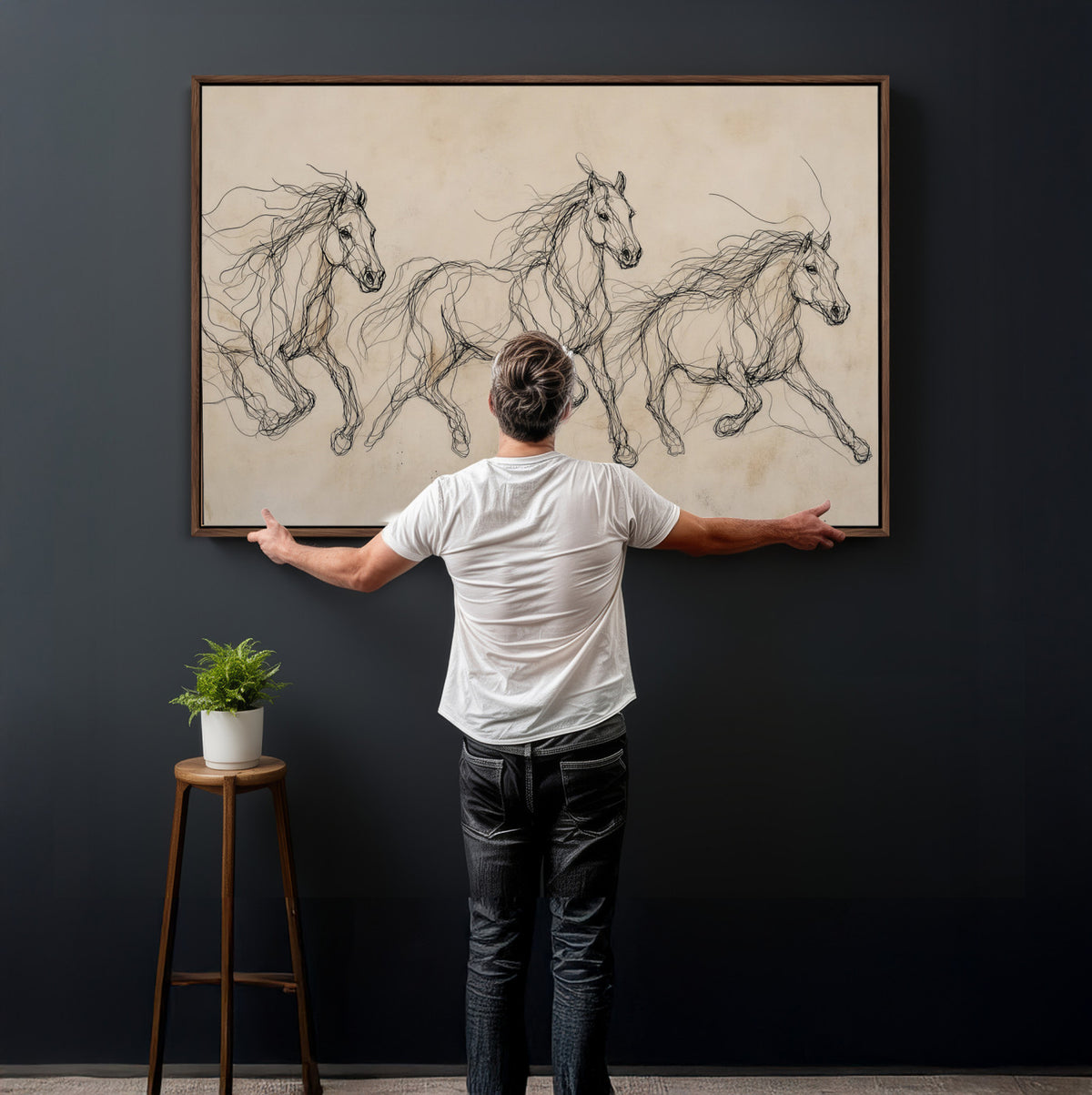81051673-MGV-CV-36X24 - Abstract Horse Line Art Canvas, Gesture Sketch Wild Horses Print, Modern Scribble Artwork, Minimalist Equine Wall Decor, Rustic Studio Gift