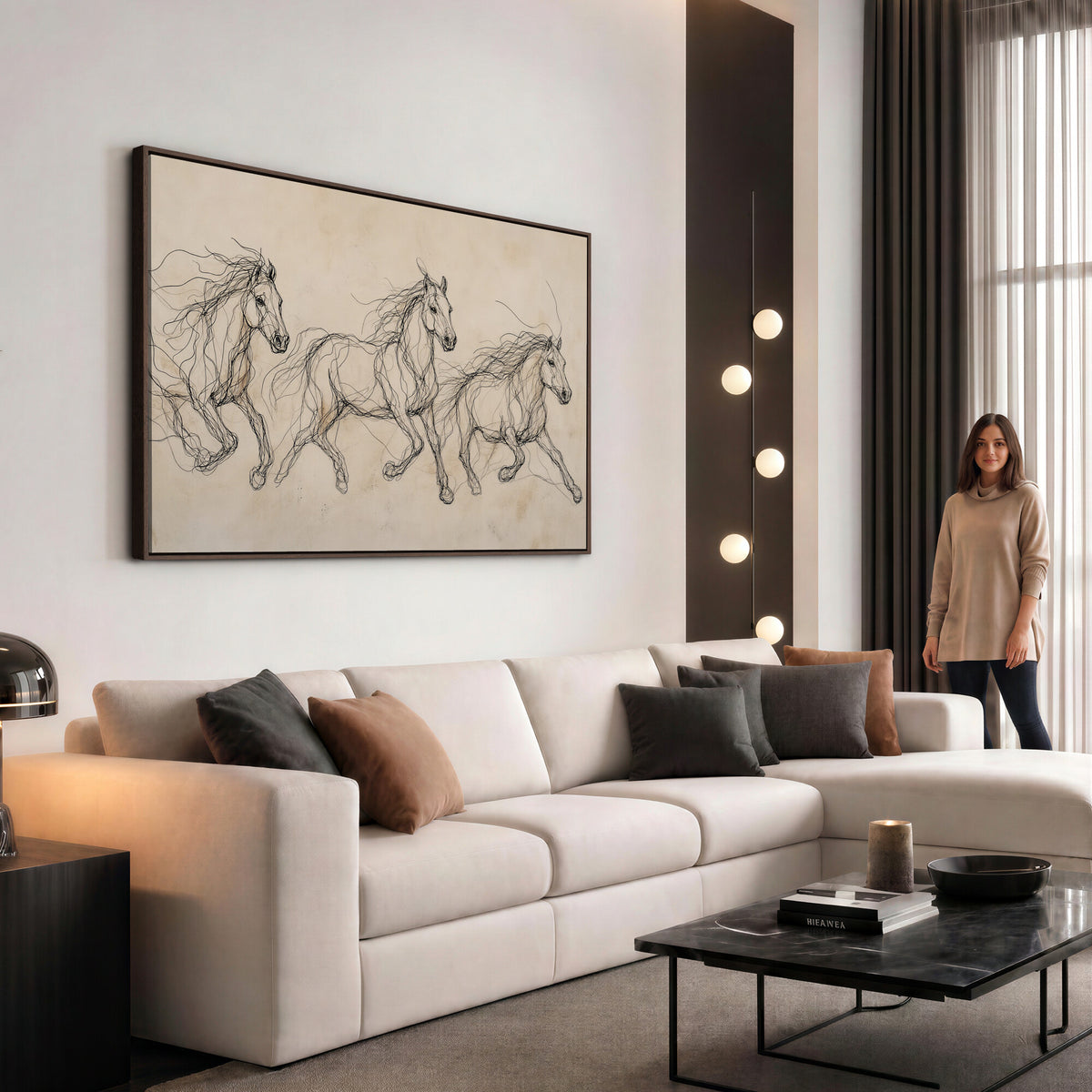 81051673-MGV-CV-36X24 - Abstract Horse Line Art Canvas, Gesture Sketch Wild Horses Print, Minimalist Equine Decor