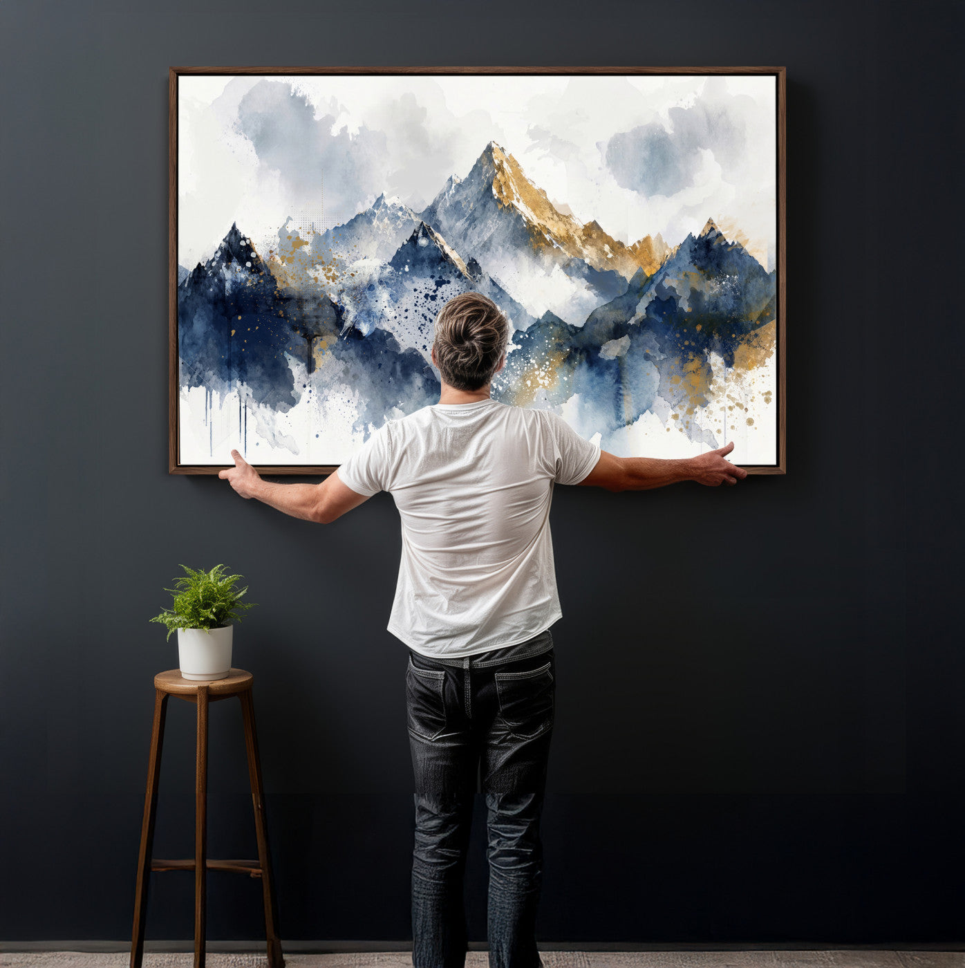 87460616-MGV-CV-36X24 - Abstract Mountain Canvas Wall Art, Blue Gold Foil Landscape Print, Modern Indigo Watercolor Poster, Large Abstract Nature, Luxury Office Gift
