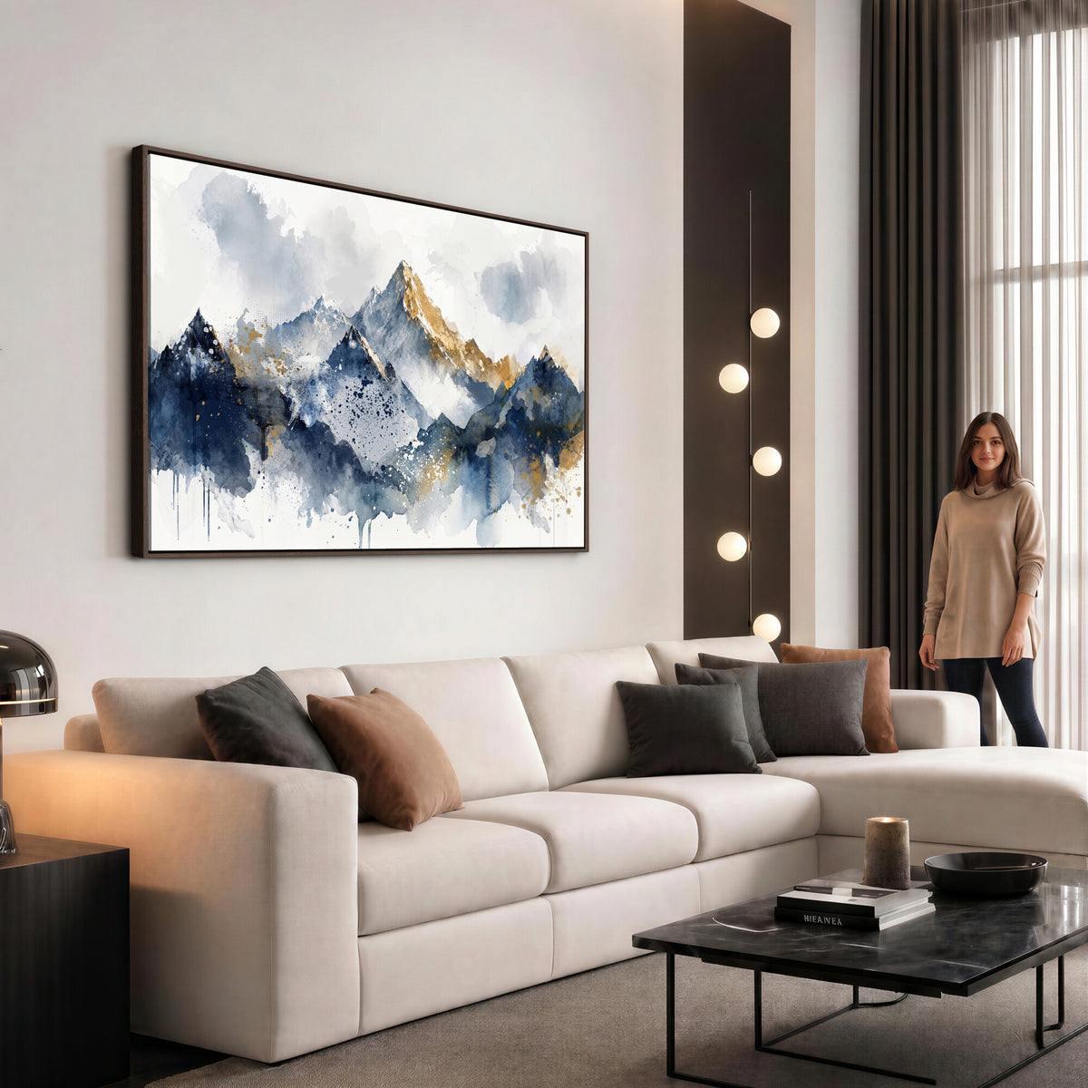 87460616-MGV-CV-36X24 - Abstract Mountain Canvas Wall Art, Blue Gold Foil Landscape Print, Modern Indigo Wall Decor