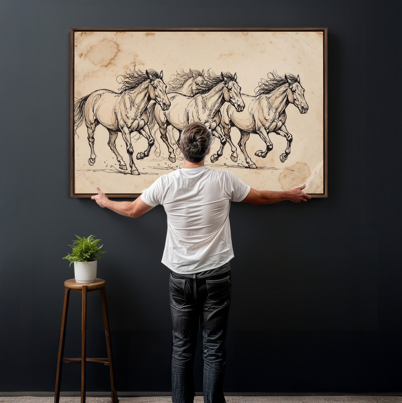 18242163-MGV-CV-36X24 - Vintage Horse Sketch Canvas Wall Art, Wild Horses Pencil Drawing Print, Antique Parchment Western Decor, Equine Sketching, Country Manor Gift