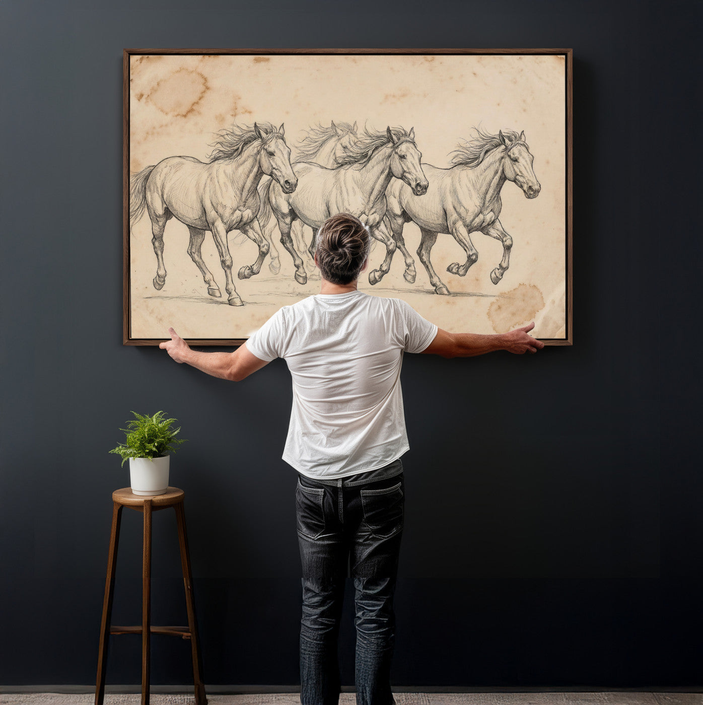 16644391-MGV-CV-36X24 - Vintage Horse Sketch Canvas Wall Art, Wild Horses Pencil Drawing Print, Antique Parchment Western Decor, Equine Sketching, Country Manor Gift
