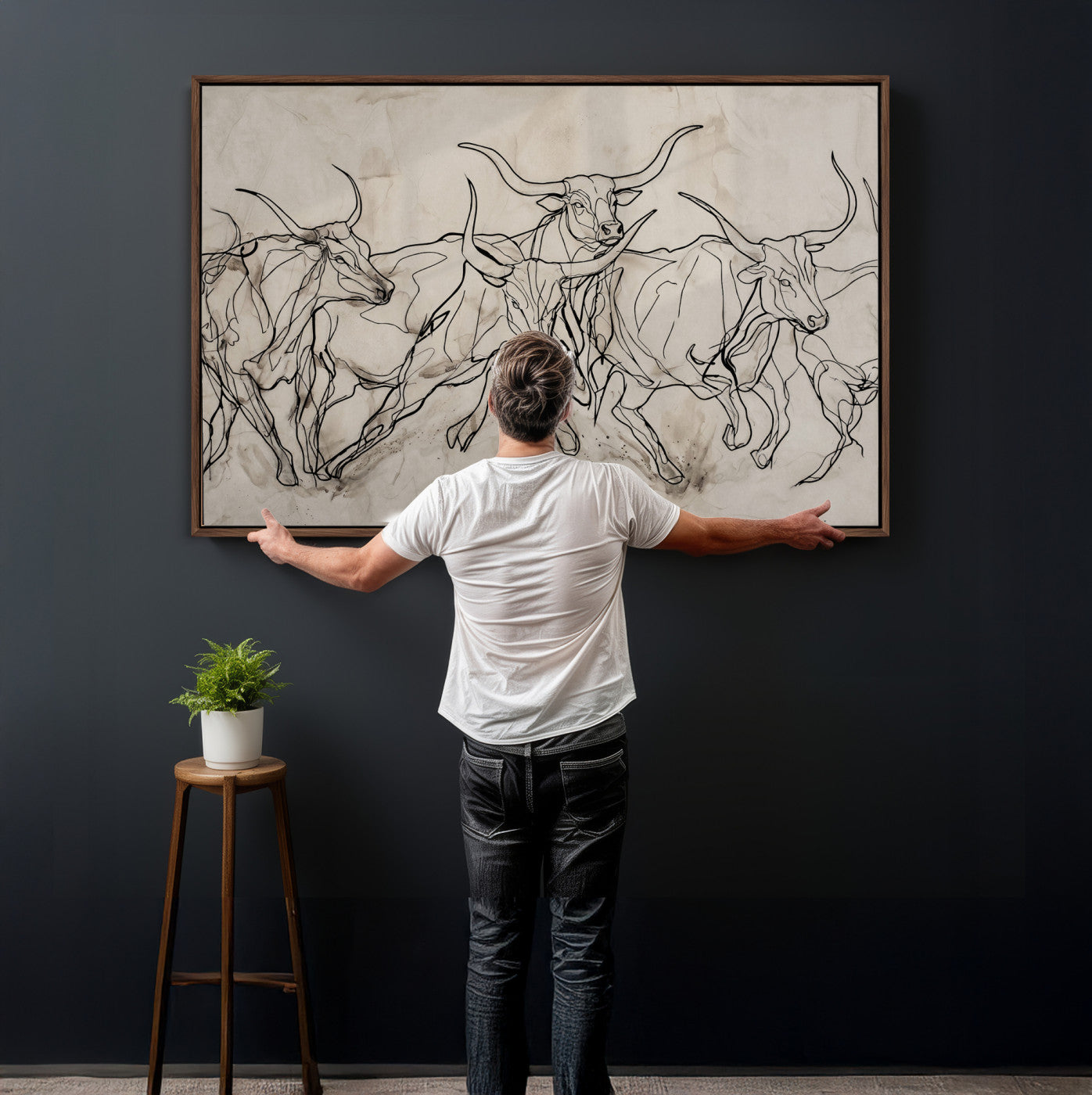 16671245-MGV-CV-36X24 - Minimalist Longhorn Line Art, Modern Texas Bull Canvas Print, Abstract Western Wall Decor, Continuous Line Artwork, Black White Ranch Gift