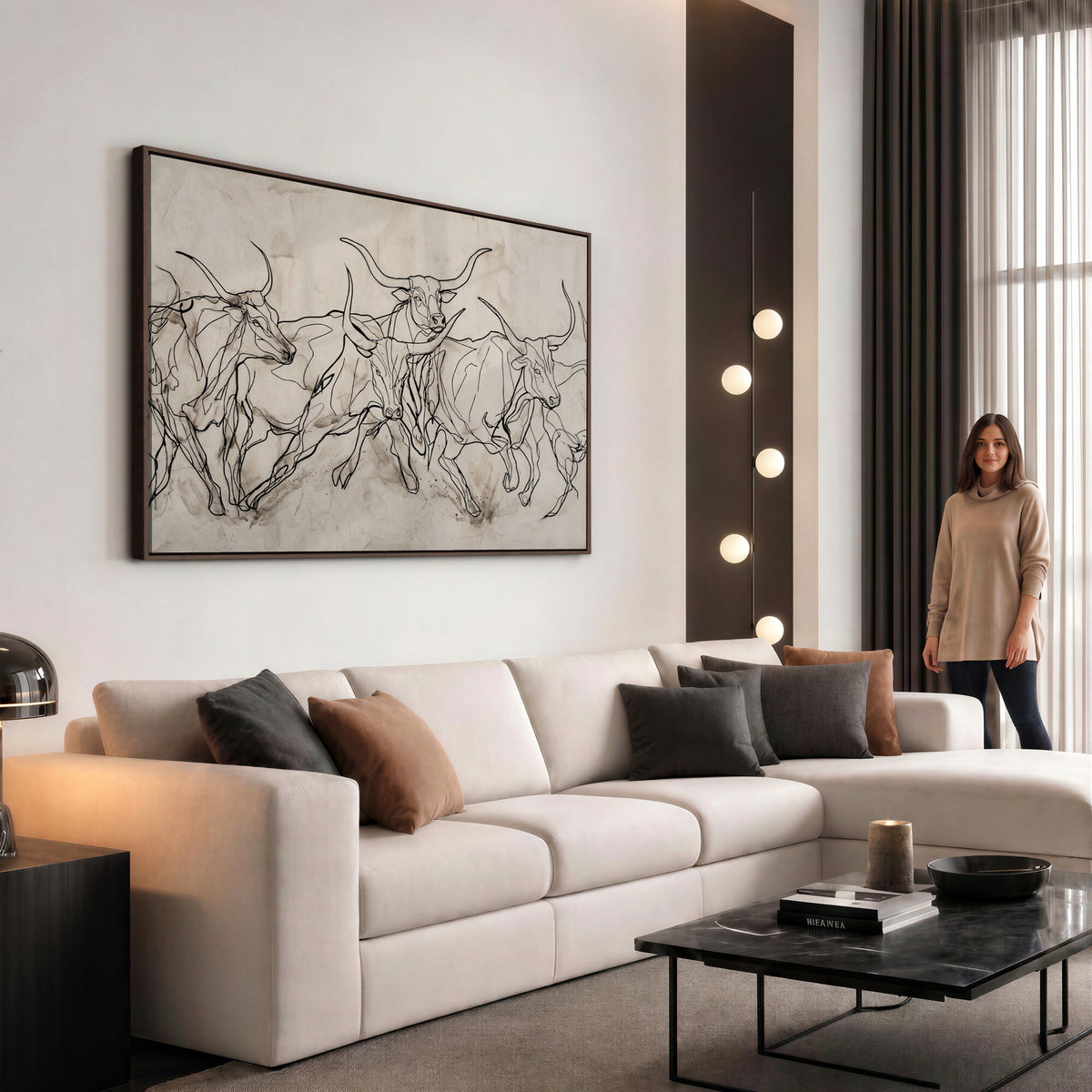 16671245-MGV-CV-36X24 - Minimalist Longhorn Line Art, Modern Texas Bull Canvas Print, Abstract Western Wall Decor