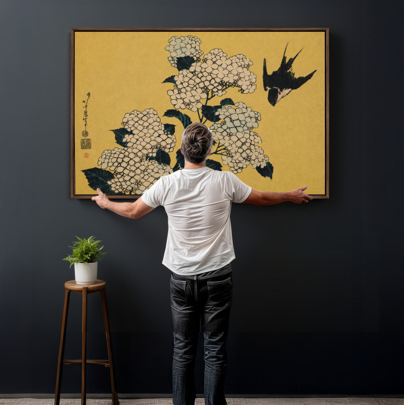 92483501-MGV-CV-36X24 - Katsushika Hokusai Hydrangea and Swallow Wall Art Canvas Print, Japanese Woodblock Painting Print