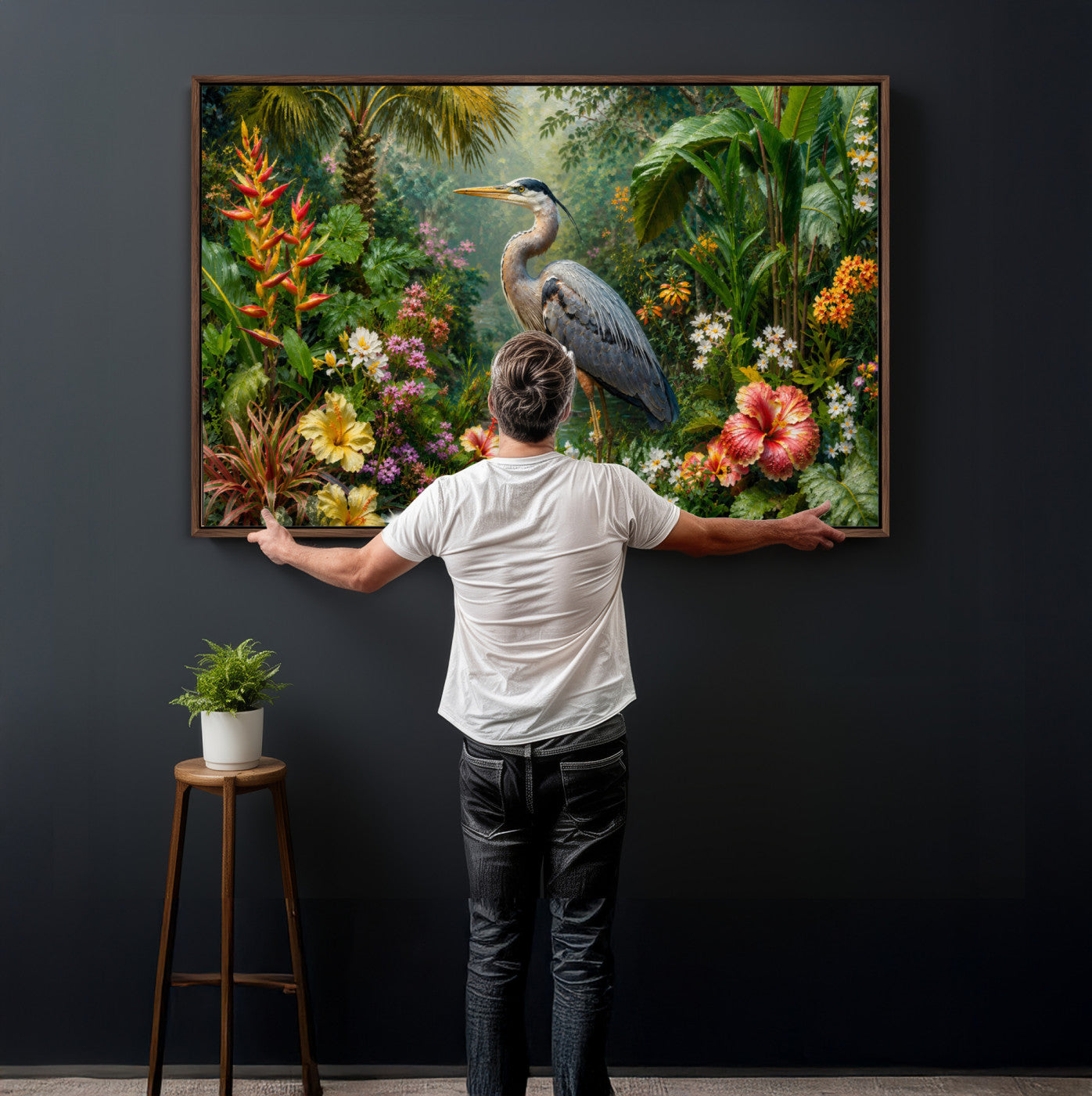 81059387-MGV-CV-36X24 - Great Blue Heron Tropical Jungle Wall Art Canvas Print, Exotic Botanical Garden Painting Print
