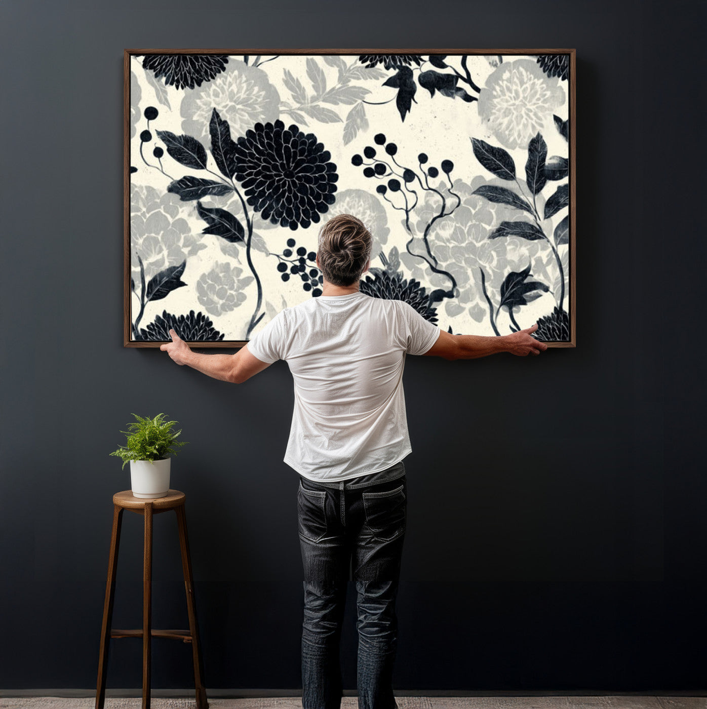 61524791-MGV-CV-36X24 - Vintage Black Chrysanthemum Wall Art Canvas Print, Monochrome Dhalia Floral Painting Print