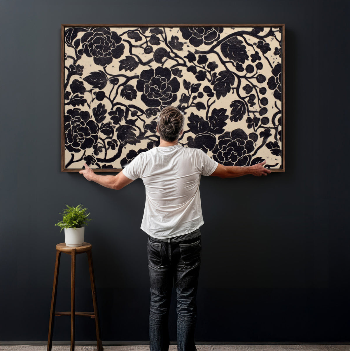 86696255-MGV-CV-36X24 - Vintage Black and Cream Floral Wall Art Canvas Print, Chinoiserie Botanical Painting Print