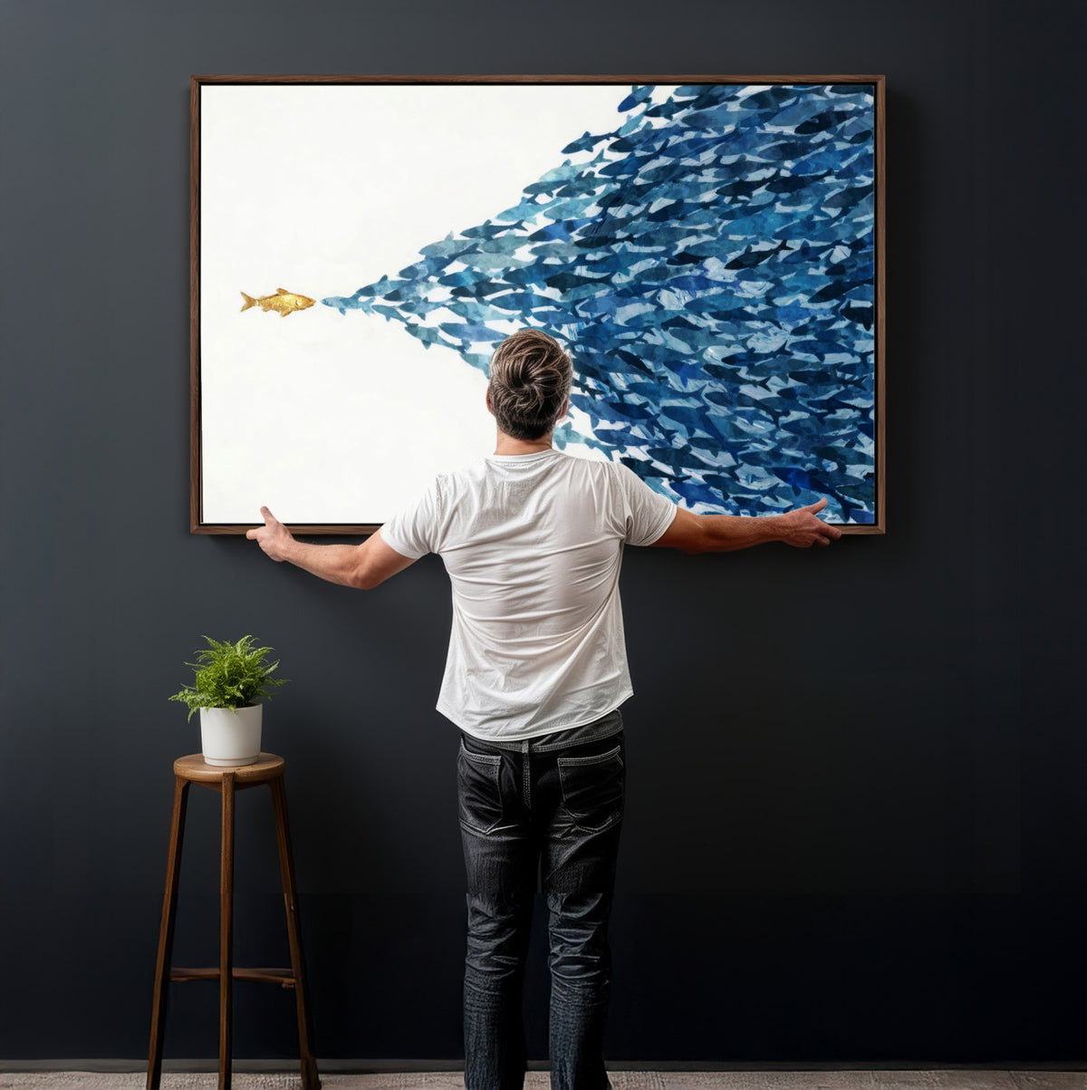 79089639-MGV-CV-36X24 - Abstract Blue Fish School Canvas Wall Art, Gold Foil Accent Marine Print