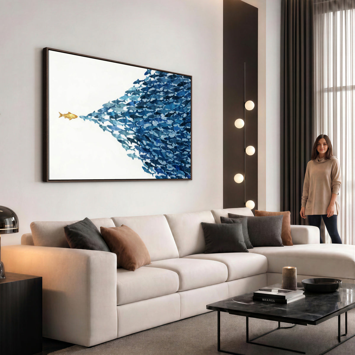 79089639-MGV-CV-36X24 - Abstract Blue Fish School Canvas Wall Art, Gold Foil Accent Marine Print