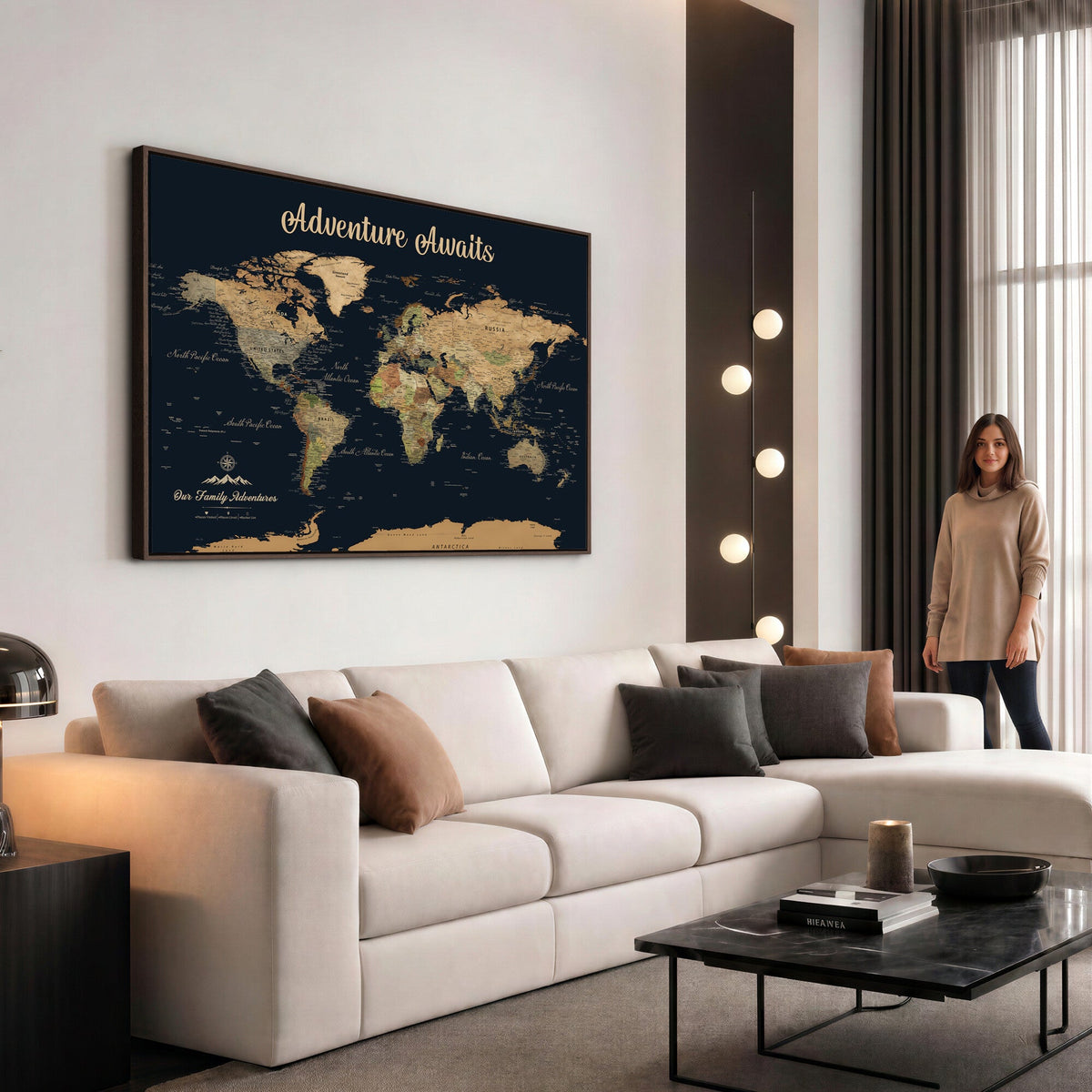 88994085-MGV-CV-36X24 - Our Family Adventures Push Pin World Map Wall Art Canvas Print - Family Travel Tracker Map with Pins