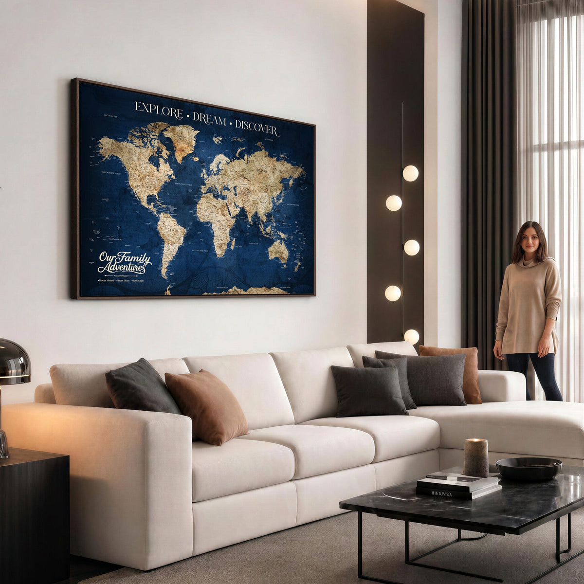 96125512-MGV-CV-36X24 - Our Family Adventures Push Pin World Map Wall Art Canvas Print - Family Travel Tracker Map with Pins