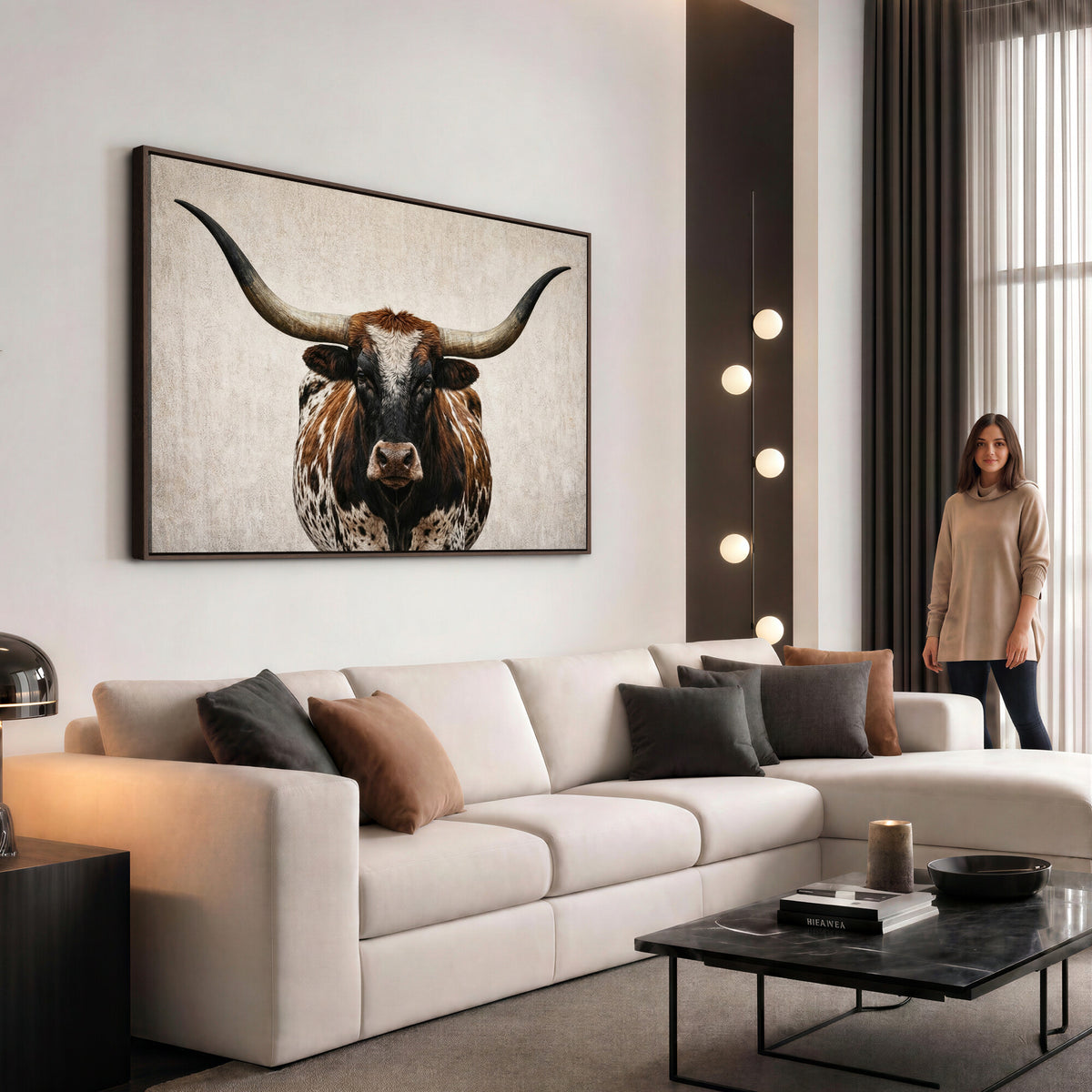 58622065-MGV-CV-36X24 - Texas Longhorn Canvas Wall Art Western Bull Desert Moody Grey Overcast Rustic Farmhouse Framed Large for Living Room Bedroom Office Decor