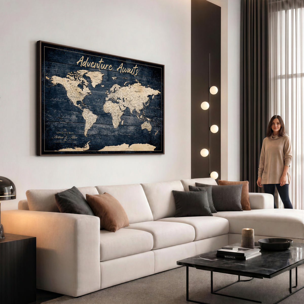 68817382-MGV-CV-36X24 - Extra Large Vintage Personalized Push Pin World Map Wall Art Canvas Print