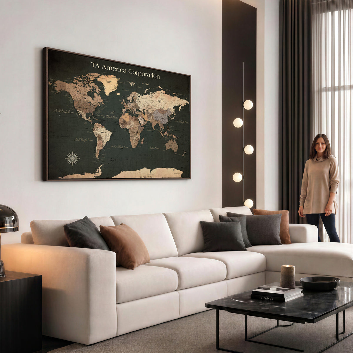 55857205-MGV-CV-36X24 - Extra Large Framed Personalize Push Pin World Map Wall Art Canvas Print for Travel Tracking