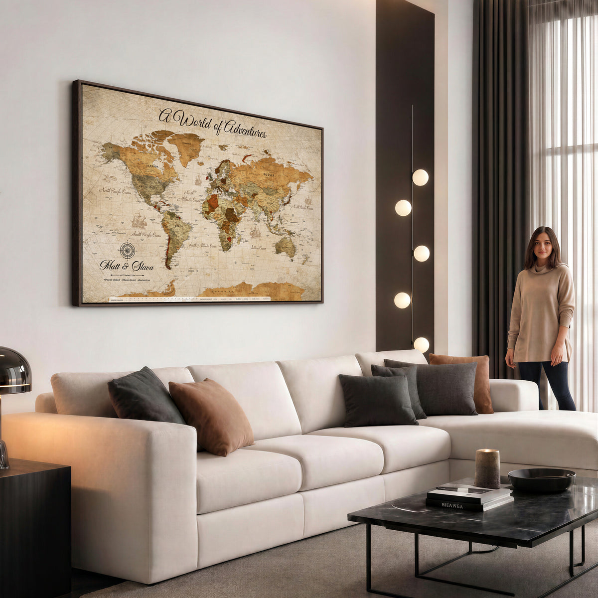 88768647-MGV-CV-36X24 - Extra Large Framed Personalize Push Pin World Map Wall Art Canvas Print for Travel Tracking