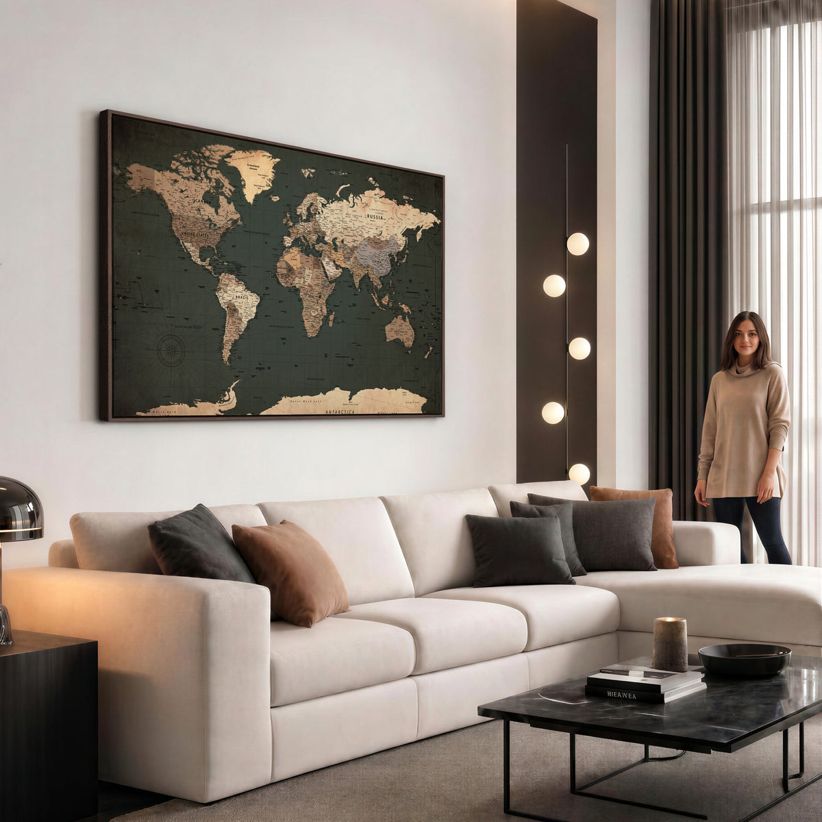 42327656-MGV-CV-36X24 - Extra Large Framed Personalize Push Pin World Map Wall Art Canvas Print for Travel Tracking