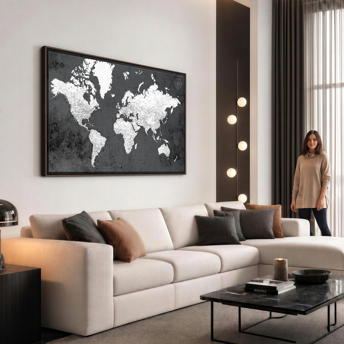 78574966-MGV-CV-36X24 - Extra Large Framed Personalize Push Pin World Map Wall Art Canvas Print for Travel Tracking