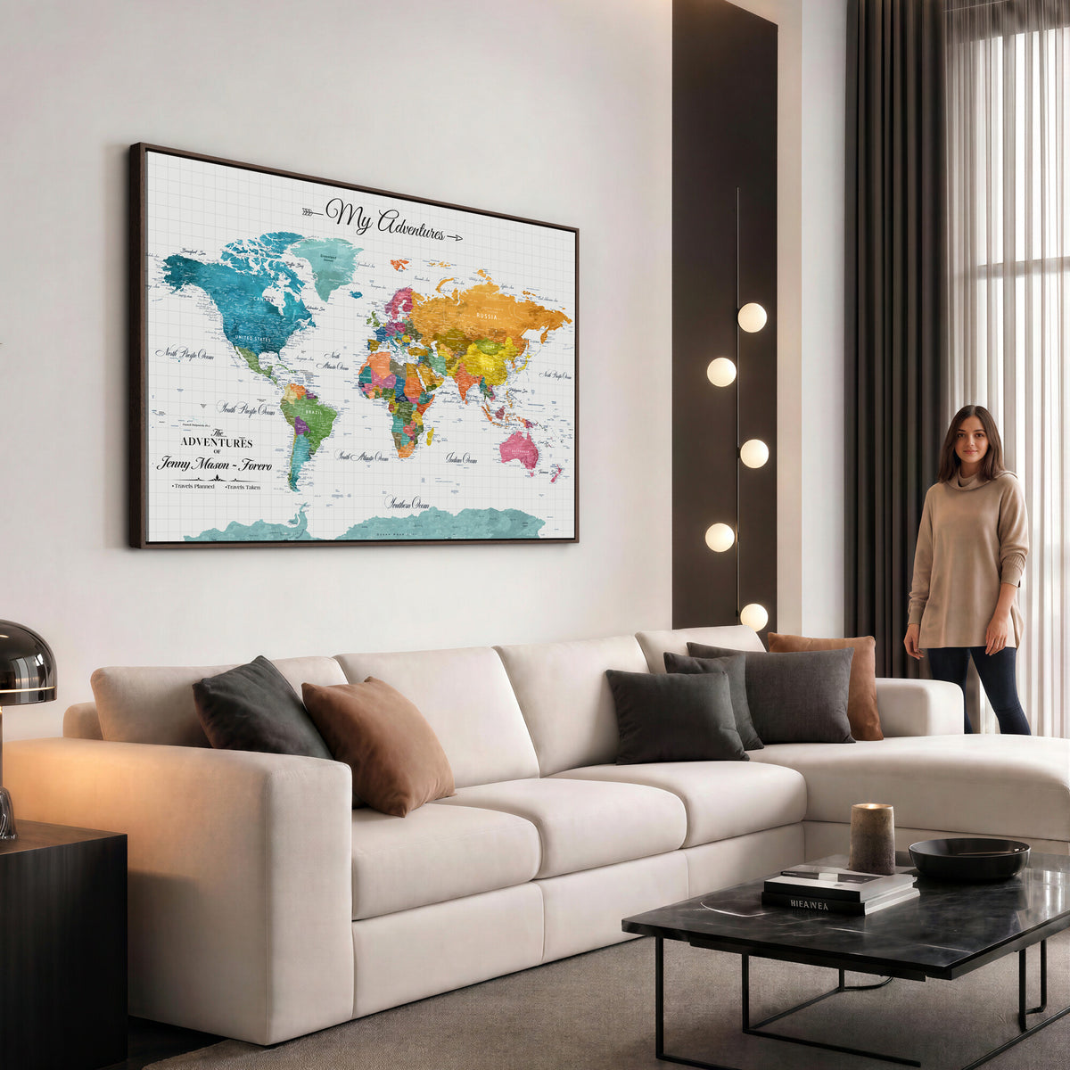 66743043-MGV-CV-36X24 - Extra Large Framed Personalize Push Pin World Map Wall Art Canvas Print for Travel Tracking